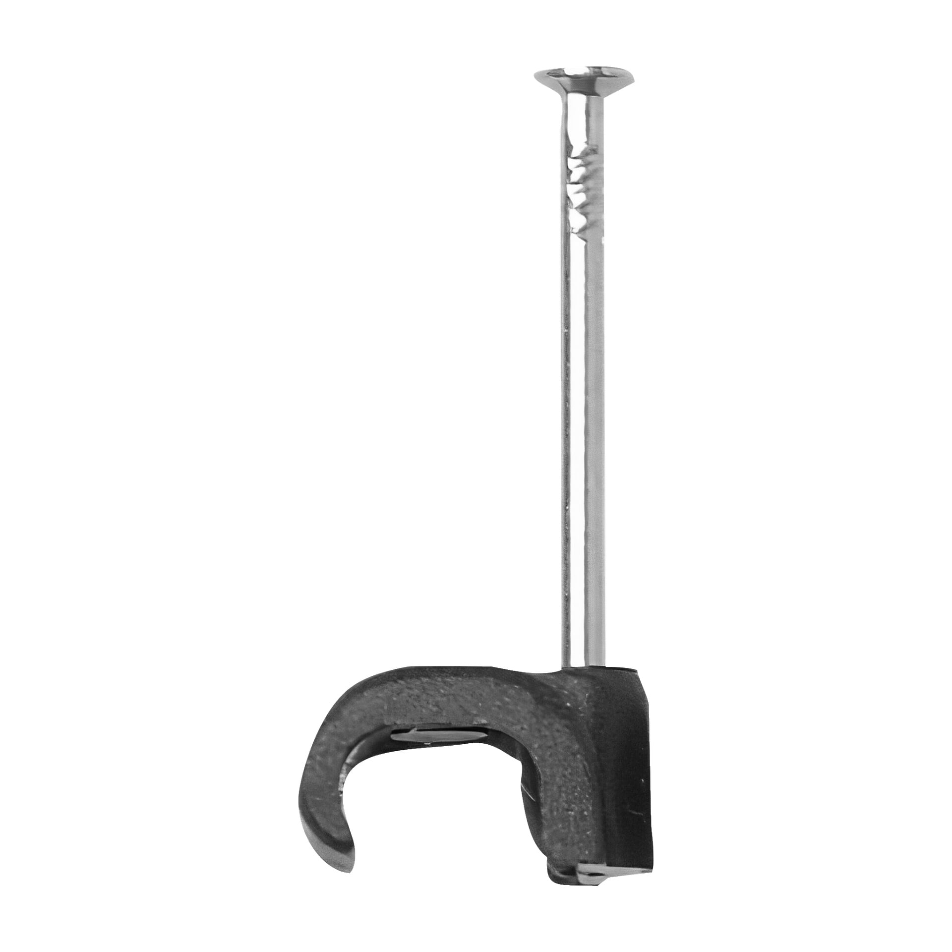 En platt metallskruv är fäst vid en svart plast tömningsklämma från Anslut Cable Strain Relief 20 Pack, avsedd för att hålla kablar eller kablar säkert mot väggar eller andra ytor.