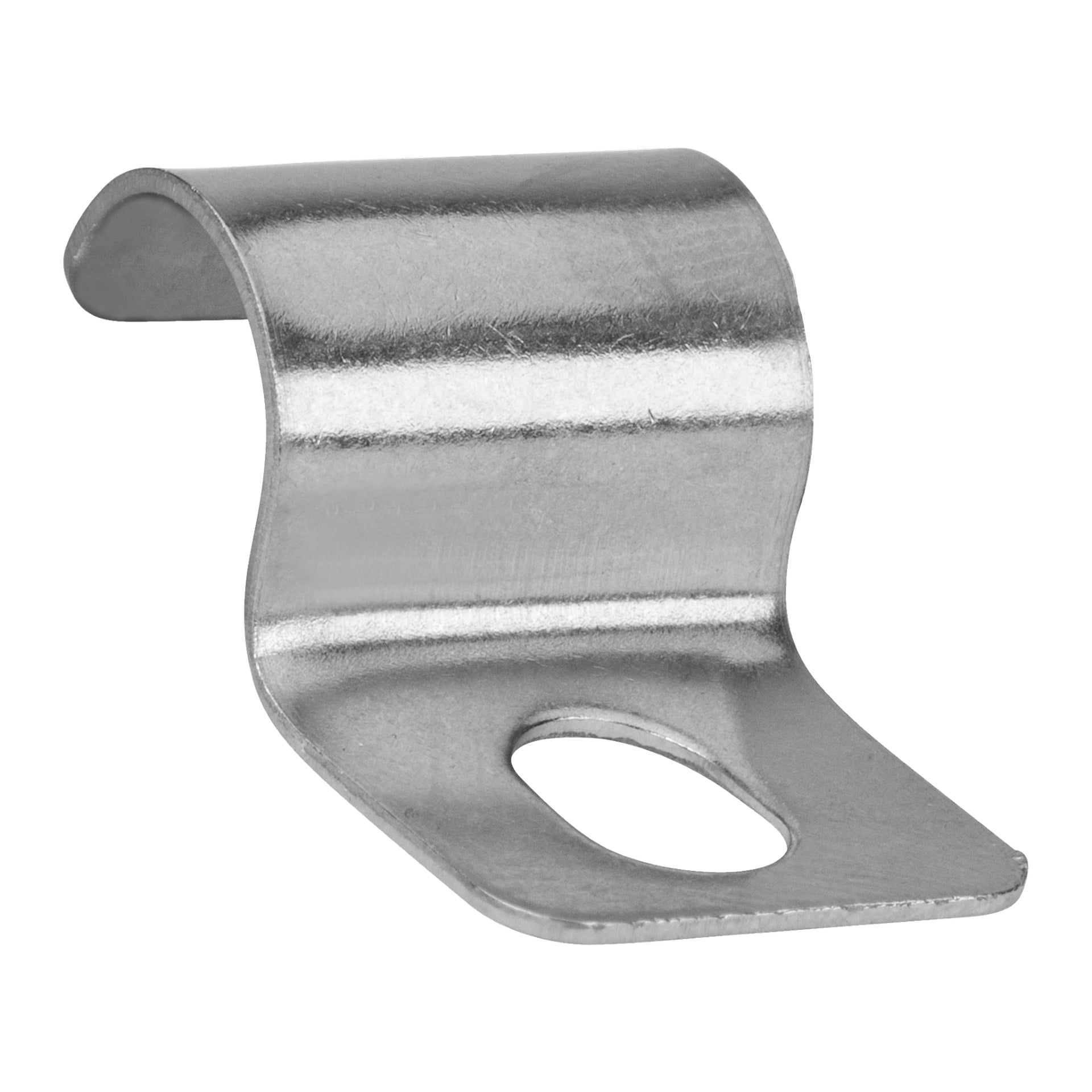 En detaljerad vy av en Anslut kabelklämma från en 10-pack, som visar dess silverfärgade metallkropp med en mjukt böjd topp och en platt bas med ovalformat hål, avsedd för att fästa kablar eller fästa på ytor.