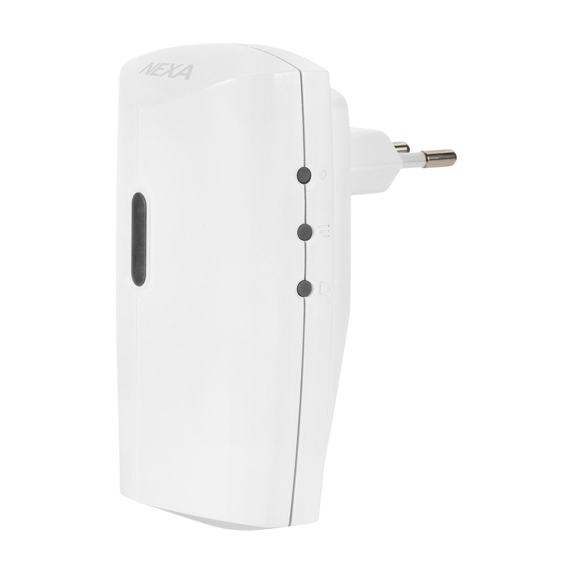 Nexa Wireless Door Bell MLR-1923 är en vit elektronisk enhet designad för att kopplas in i ett europeiskt tvåpolig uttag, med tre svarta knappar och ett litet svart indikatorfönster placerat på övre fronten.