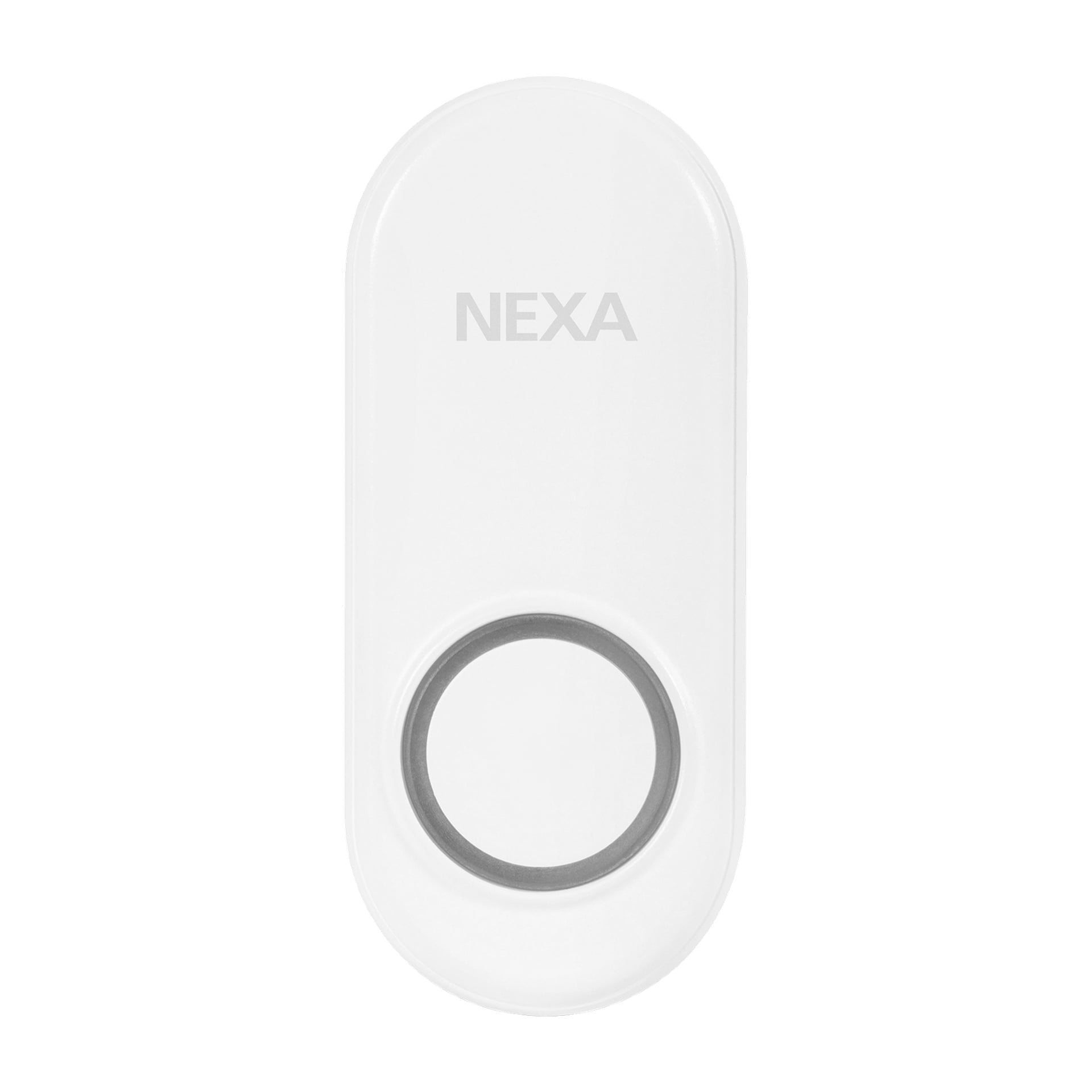 Nexa MLR-1923 trådlösa dörrklocka har en slank, vit rektangulär form med mjukt rundade hörn. Högst upp syns varumärket NEXA tydligt, och precis under sitter en cirkulär knapp kantad med grått.