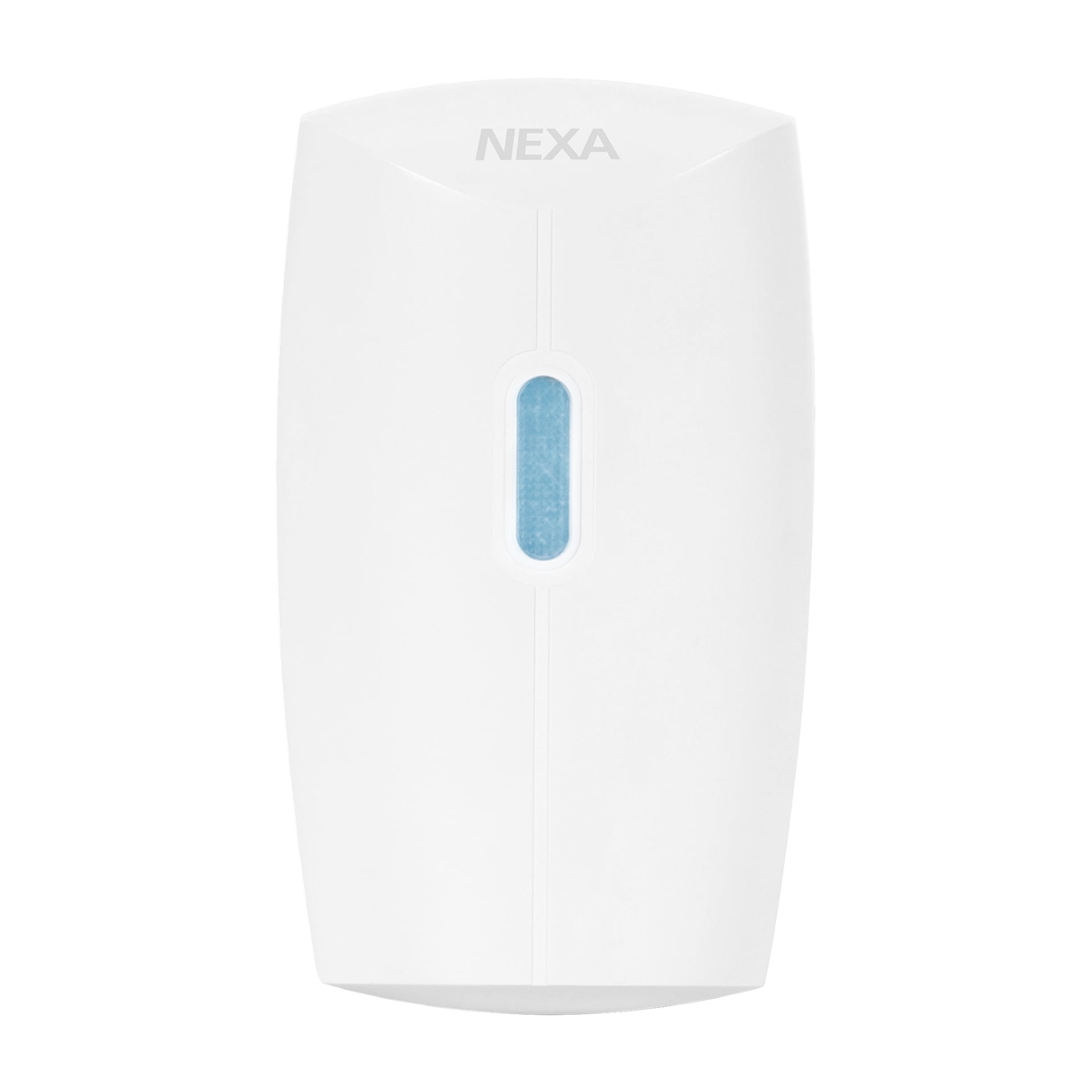 En vit, rektangulär Nexa Wireless Door Bell MLR-1923 med ett centralt vertikalt blått indikatorfönster och varumärket "NEXA" visas högst upp.