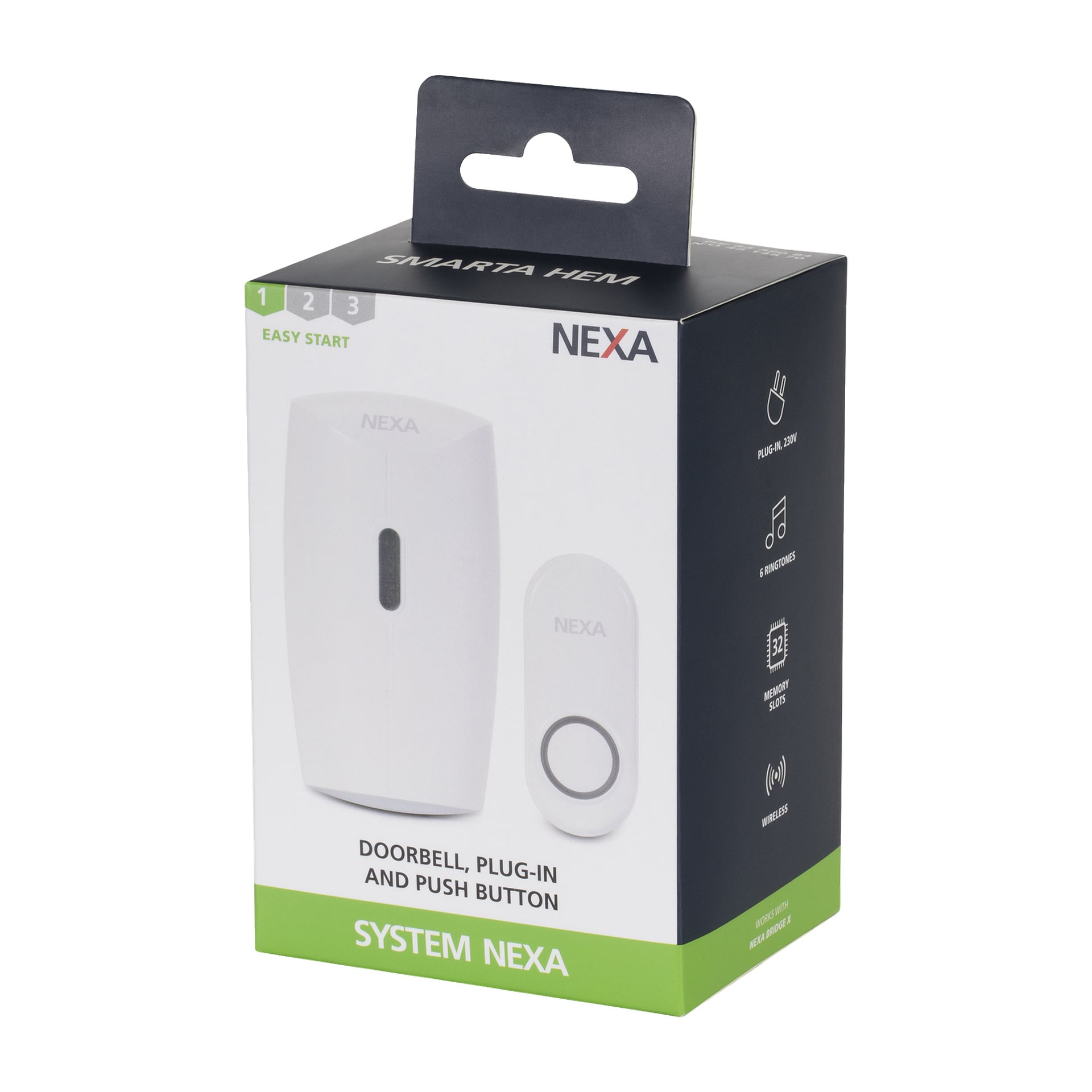 Förpackningen för Nexa Wireless Door Bell MLR-1923 visas och visar den inpluggbara dörrklockan och en tryckknapp. Boxen erbjuder funktioner som enkel installation, trådlös funktionalitet, sex valbara ringsignaler, inbyggda minnesplatser och stöd för 230V ström.