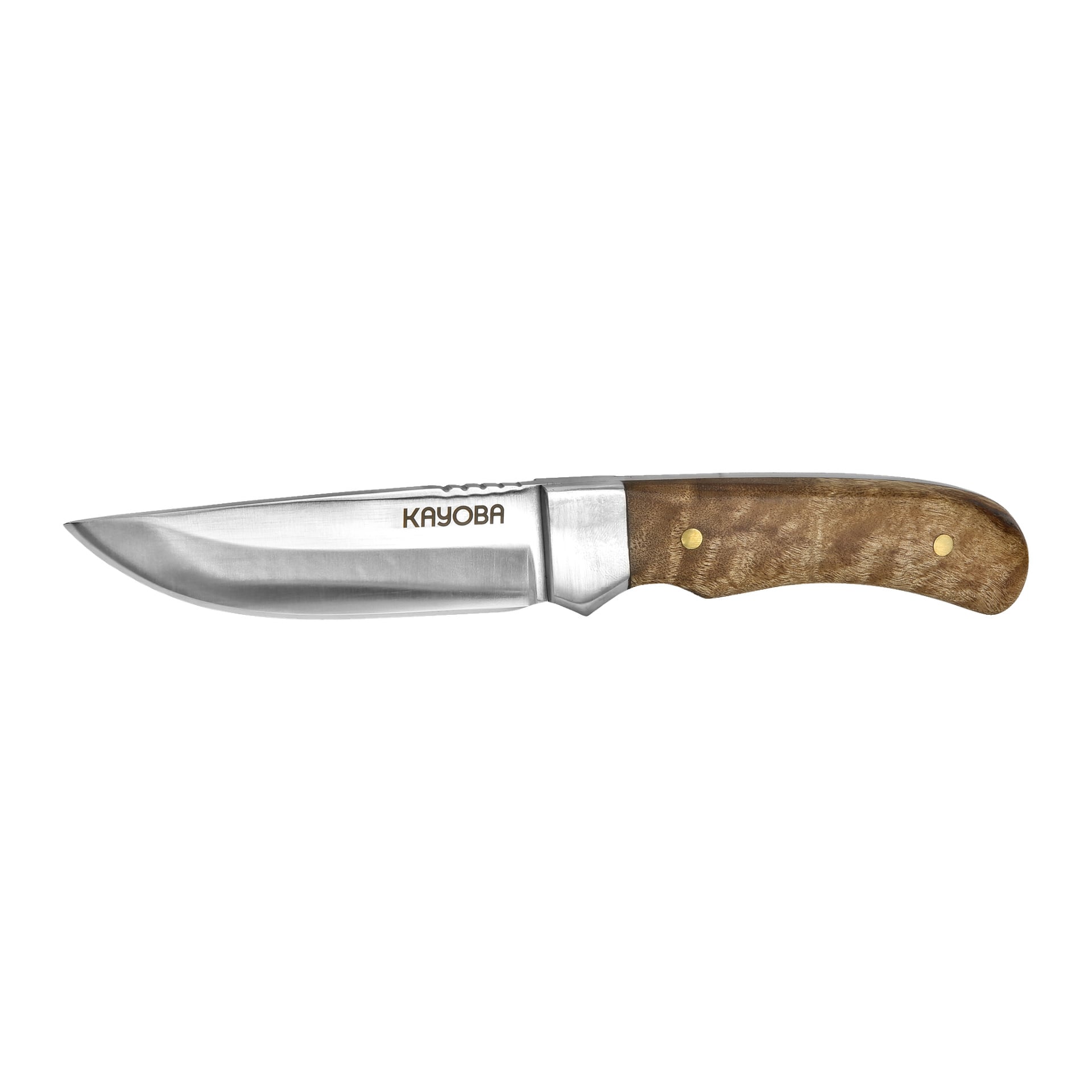 En Kayoba Outdoor jaktkniv med ett polerat stålblad, "KAYOBA" ingraverat nära handtaget, och ett trähandtag säkrat med två messingsnitar.