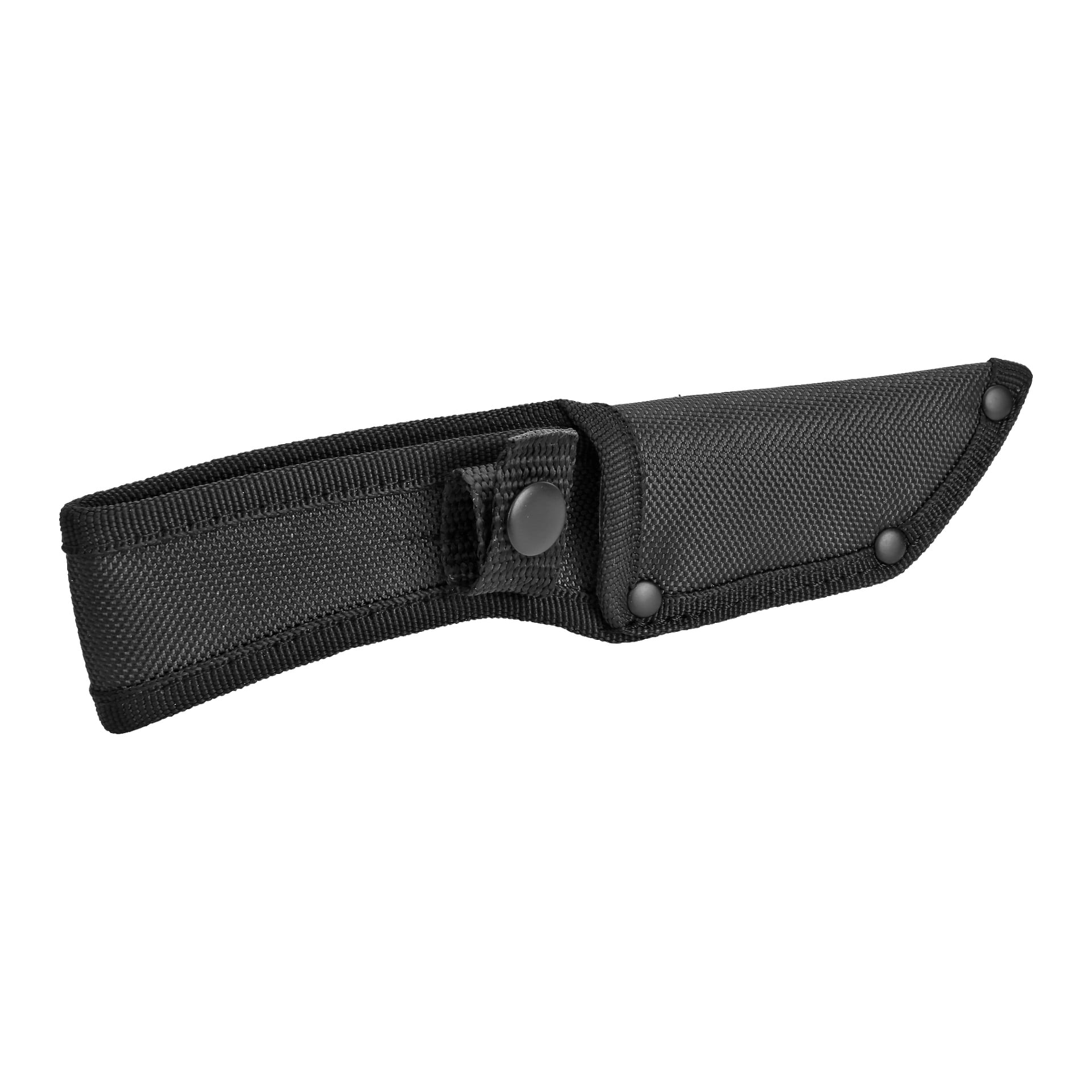 Ett svart nylonhölje med förstärkta kanter och en snäppknappsstängning, tillverkad för att säkert förvara och skydda Kayoba Outdoor Hunting Knife.