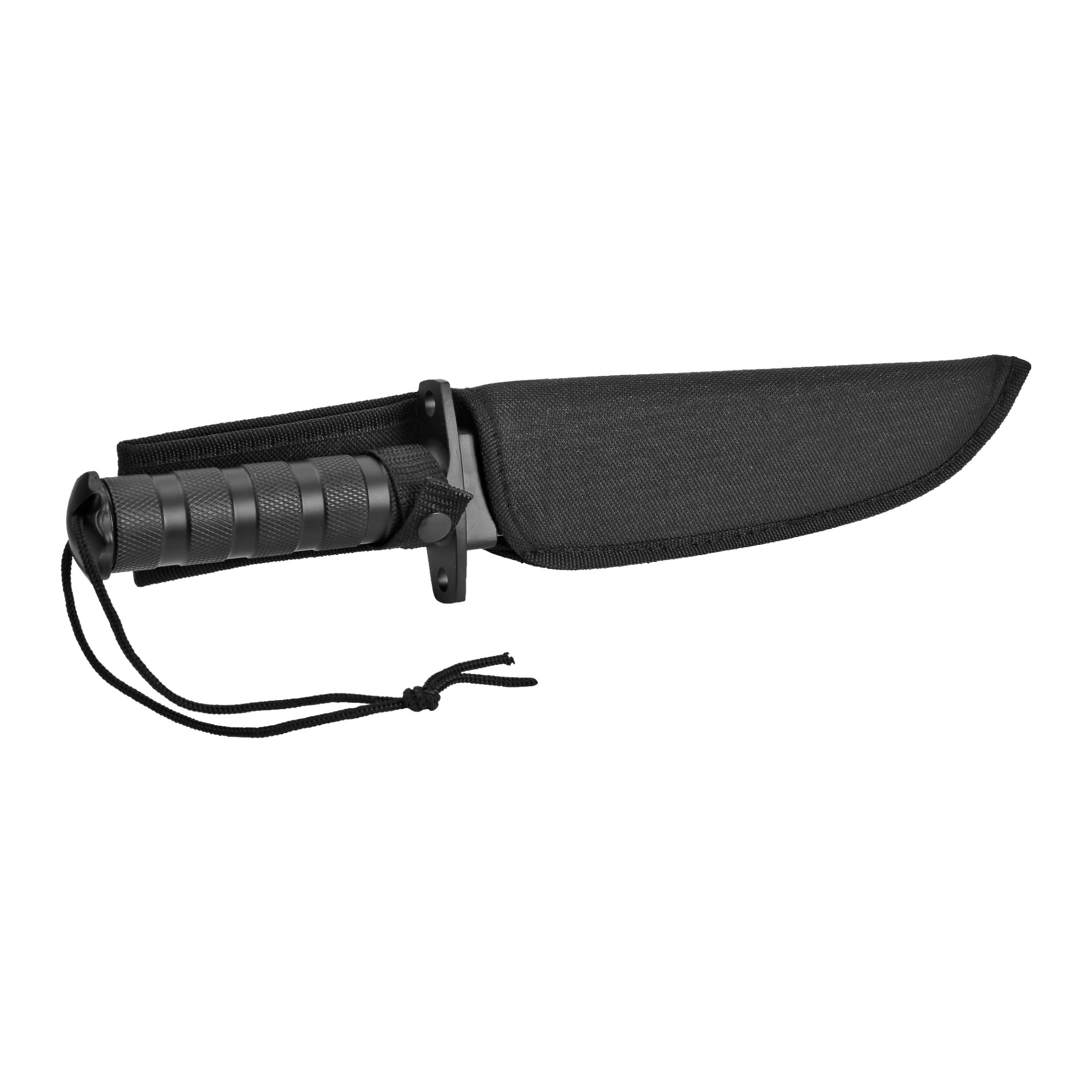 Nóż Kayoba Outdoor Survival z czarną rękojeścią i szarymi paskami chwytu jest częściowo pochowany w pasującej czarnej pochwie, do której przymocowany jest sznur.