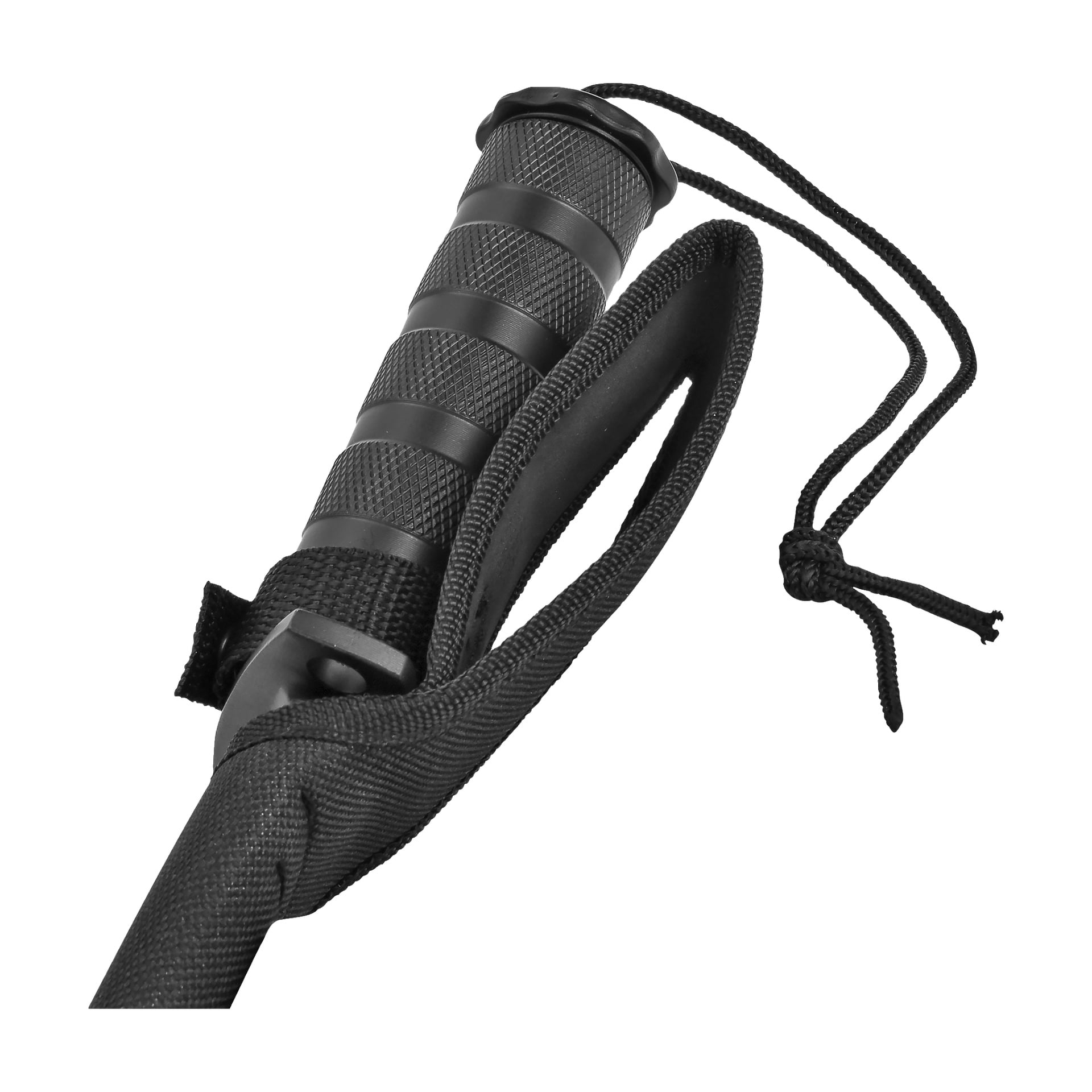 Szczegółowy widok czarnej, teksturowanej rękojeści noża Kayoba Outdoor Survival, częściowo pokrytej czarnym nylonem. Z rękojeści wychodzi smycz na nadgarstek, skupiając się na górnej części noża.