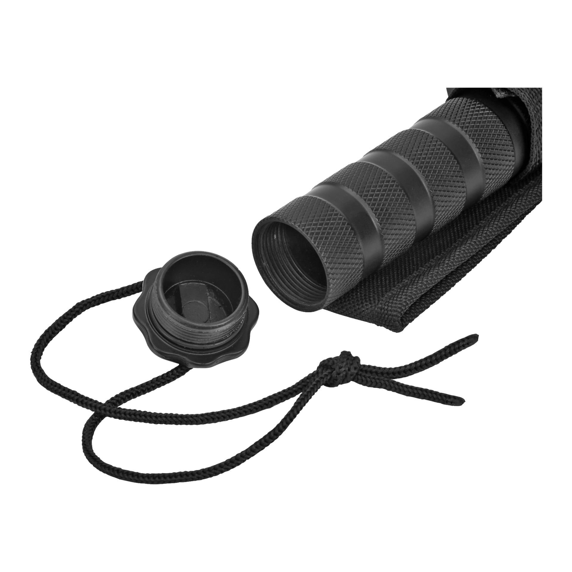 Zbliżenie pokazuje czarną, teksturowaną trzonkę noża Kayoba Outdoor Survival z odkręconą i przymocowaną do czarnej smyczy, spoczywającą obok czarnego materiałowego etui.