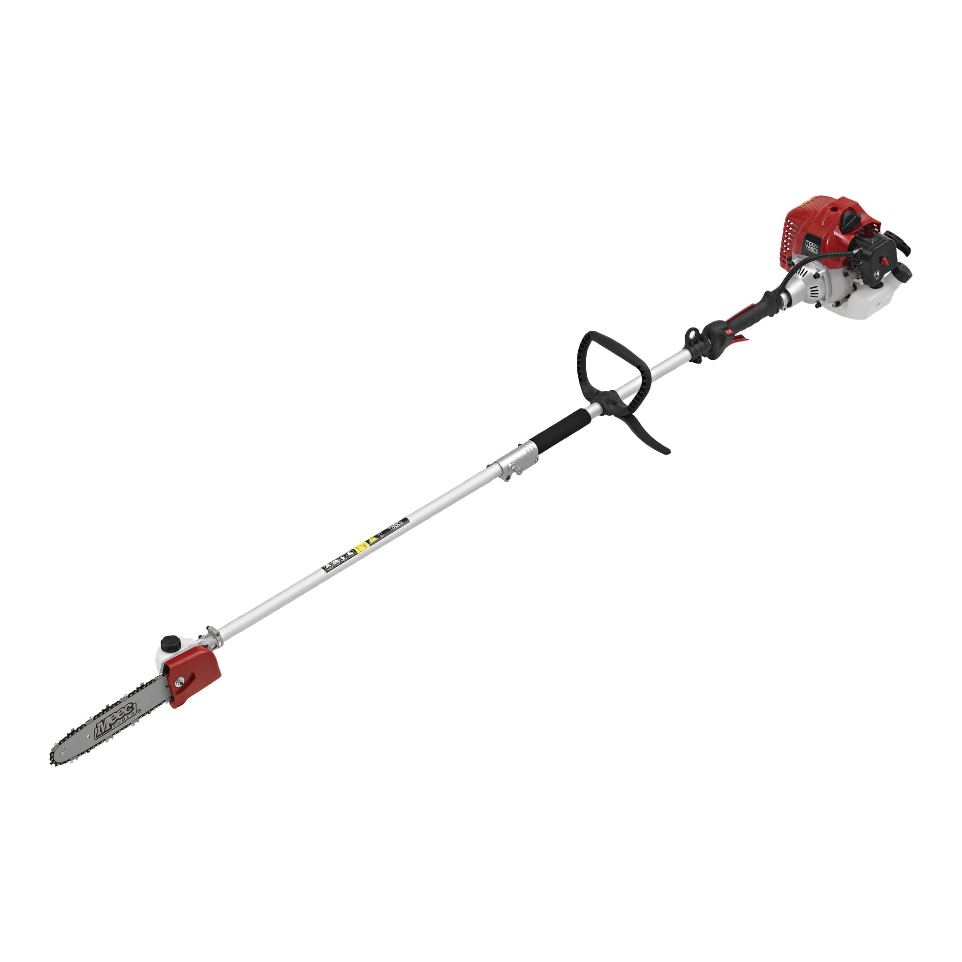 Meec Tools, benzynowy multitrymer 4w-1 z długą, wysuwaną srebrną rączką, czarną rękojeścią, kompaktową tarczą piły łańcuchowej na jednym końcu oraz czerwono-białym silnikiem na drugim końcu.