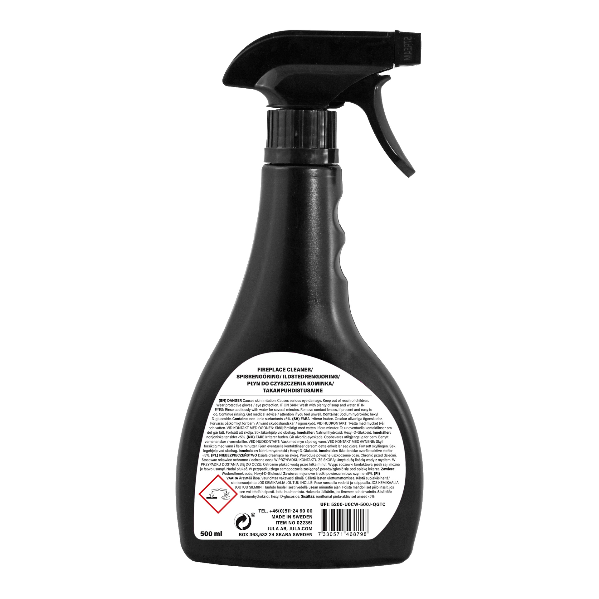 butelka ze spryskiwaczem oznaczona "Anslut Stove cleaning" z symbolem zagrożenia, kodem kreskowym i oznaczeniem objętości 500 ml z przodu. Butelka wyposażona jest w dyszę z rozpylaczem spustowym.