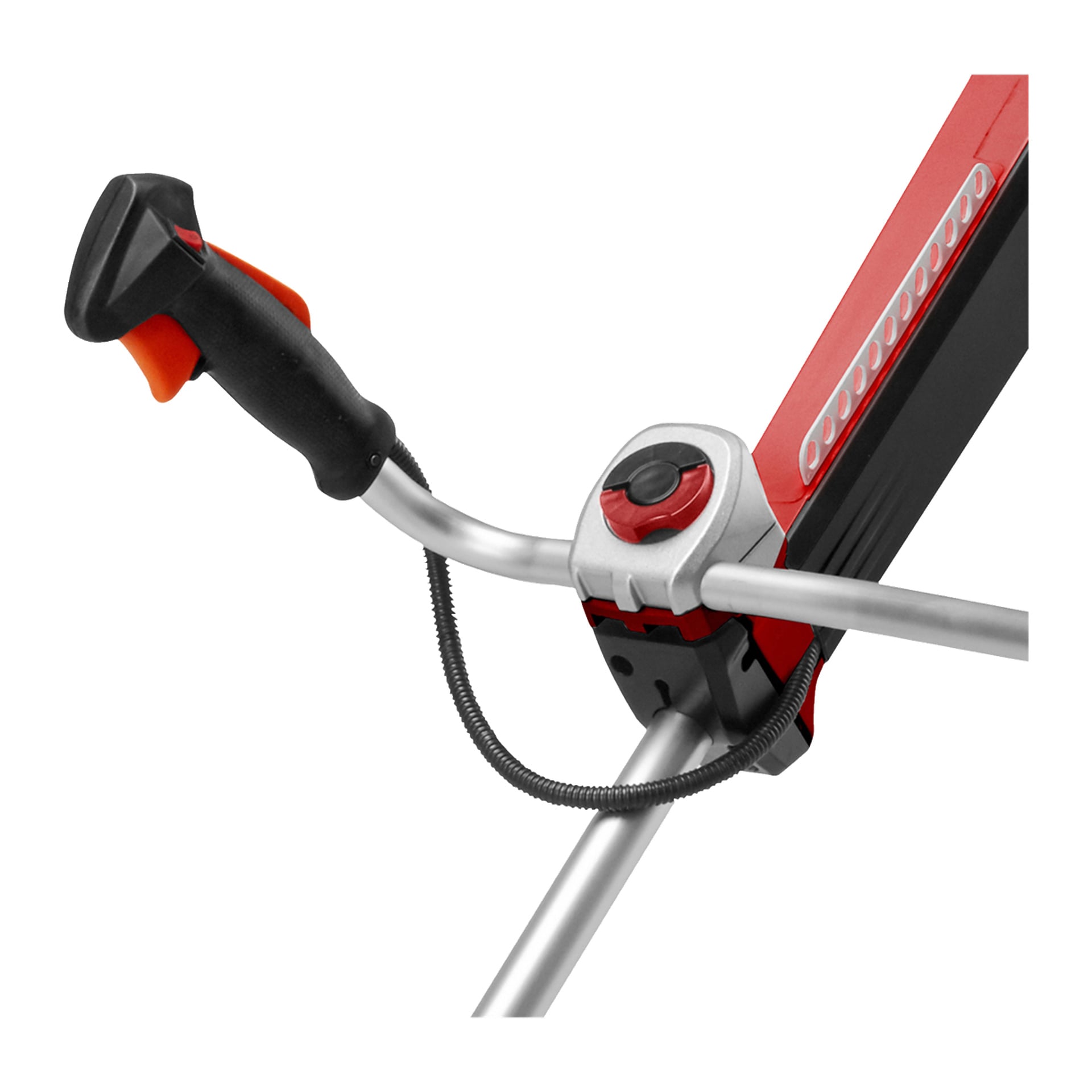 Detaljerad vy av Meec Tools Brush Cutters svarta och röda handtag med en avtryckare, fäst vid en metallram i rött och silver med en spiralad sladd som kopplas till enheten.