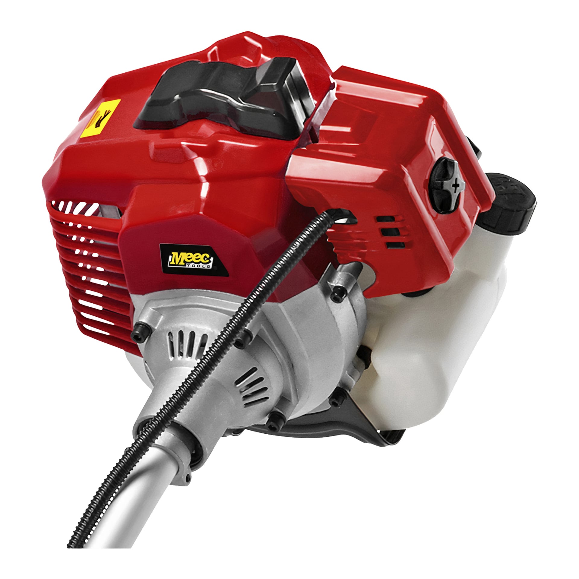 Detaljerad närbild av en bensindriven rensningssåg från Meec Tools, som framhäver dess röda och silverfärgade motor, svart draglina, synliga luftventiler, svart bränslelock och vit bränsletank. Varumärket "Meec Tools" finns på motorhuset.