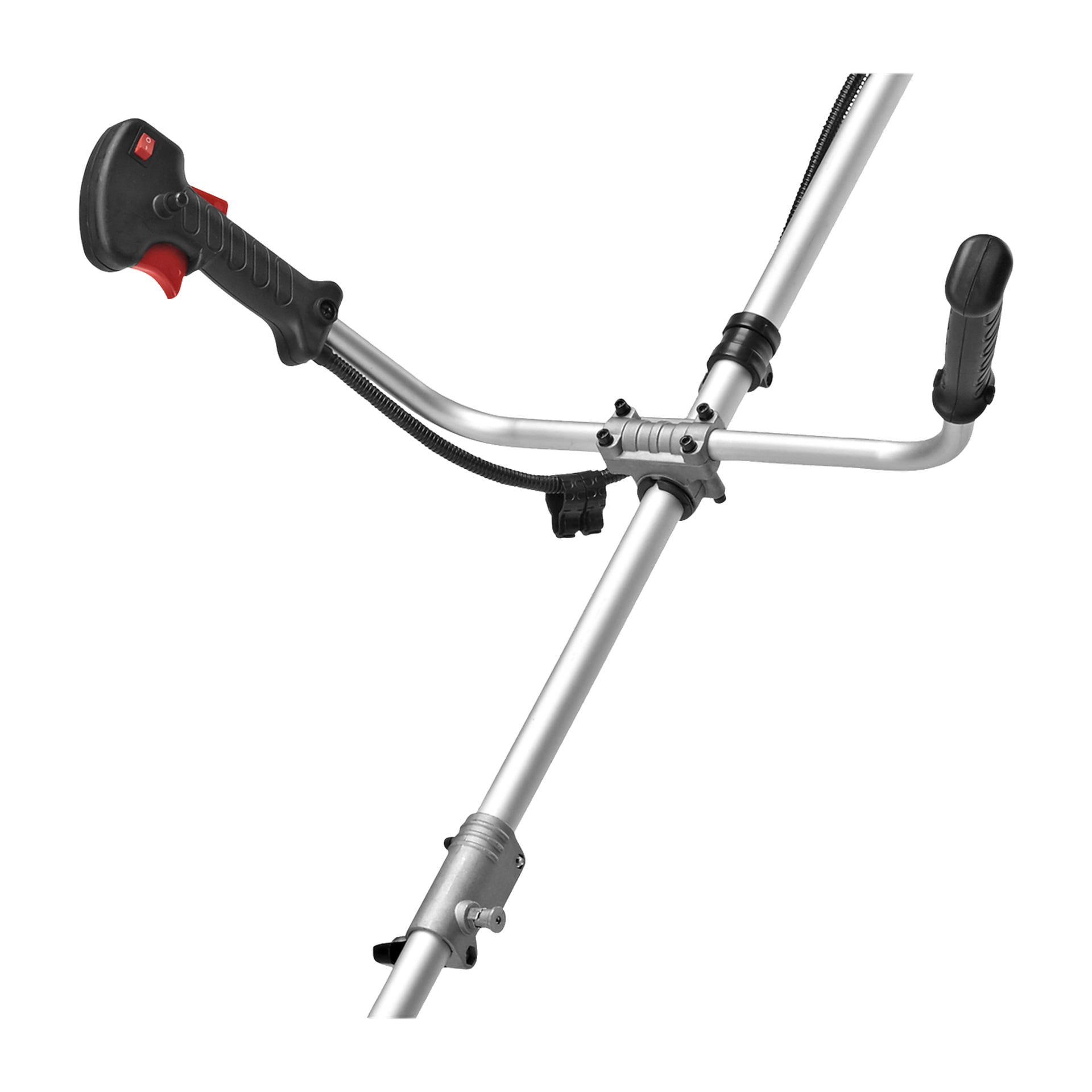 Närbild av Meec Tools bensindrivna renssågens styre och kontrollgrepp, med ett metalliskt silverskaft och ergonomiskt designade svarta och röda plasthandtag.