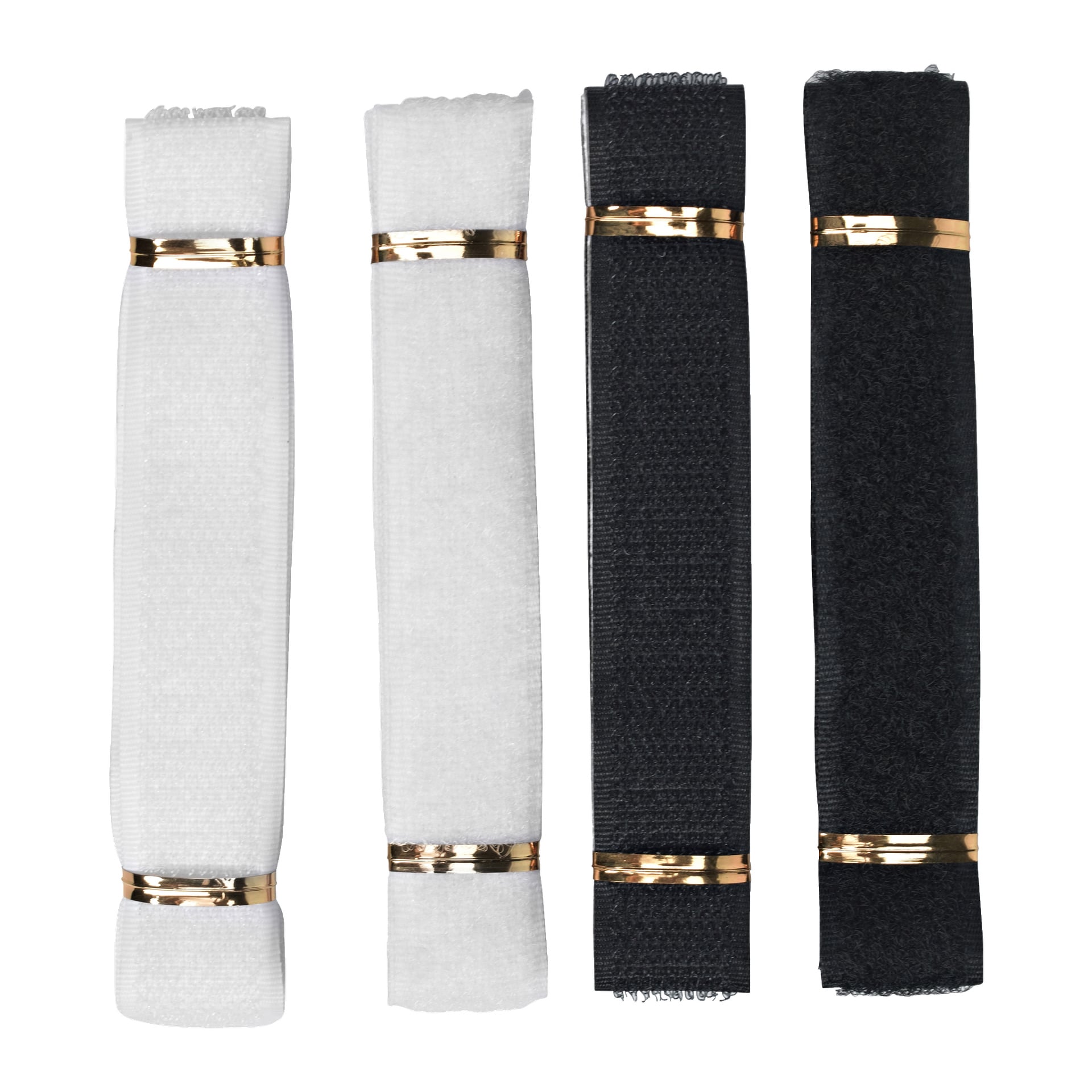 Fyra rektangulära kardborreband från Hard Head Velcro strap 4-pack – två i vitt och två i svart – är vardera fastsatta med två metalliska guldband och arrangerade vertikalt.