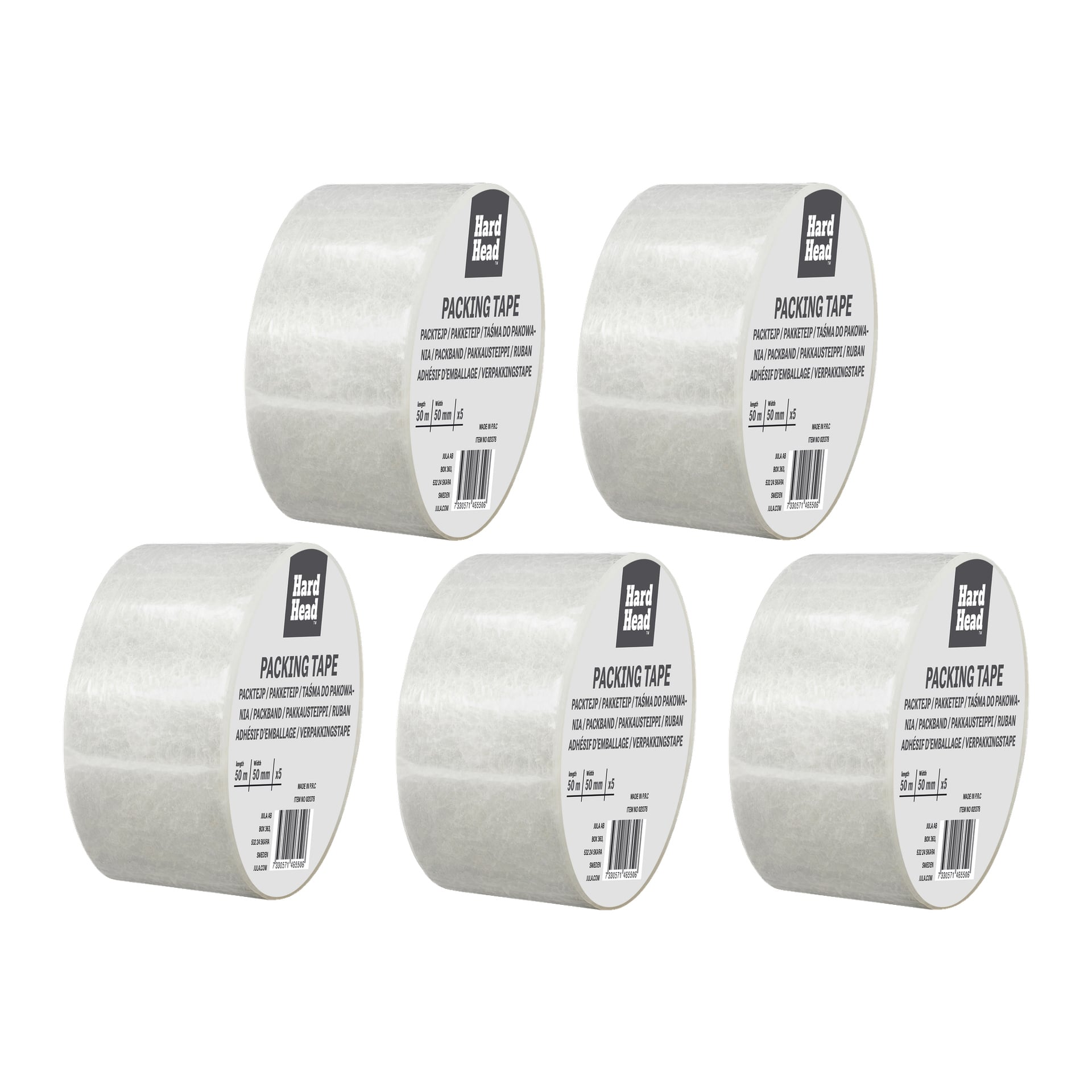 Fem rullar från Hard Head Packing tape 5-pack visas, var och en med en vit etikett som visar produktdetaljer. Rullarna är arrangerade i två rader.