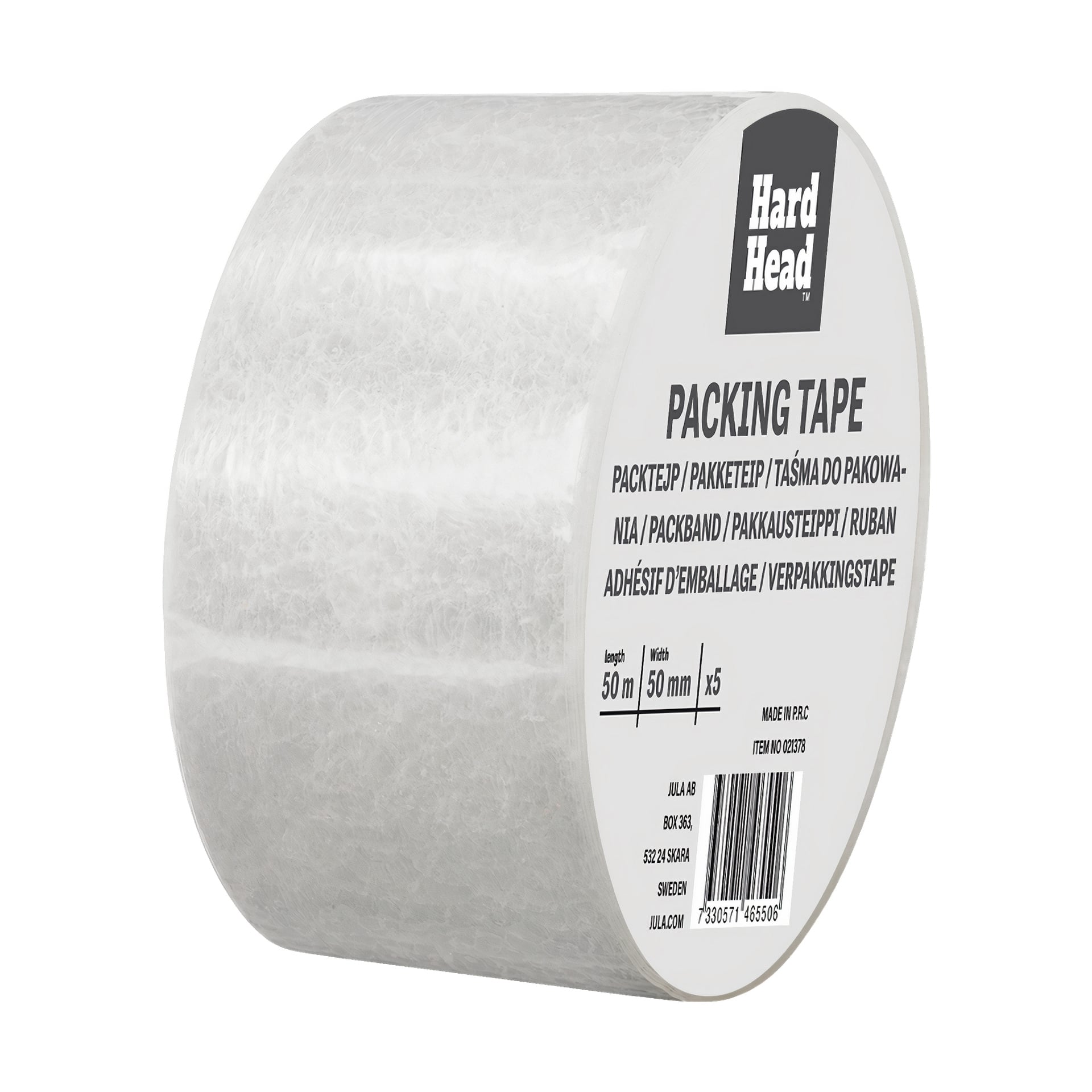 Ett 5-pack Hard Head packningstejp, där varje rulle mäter 50 meter lång och 50 millimeter bred, inlindad i en vit etikett med produktdetaljer.