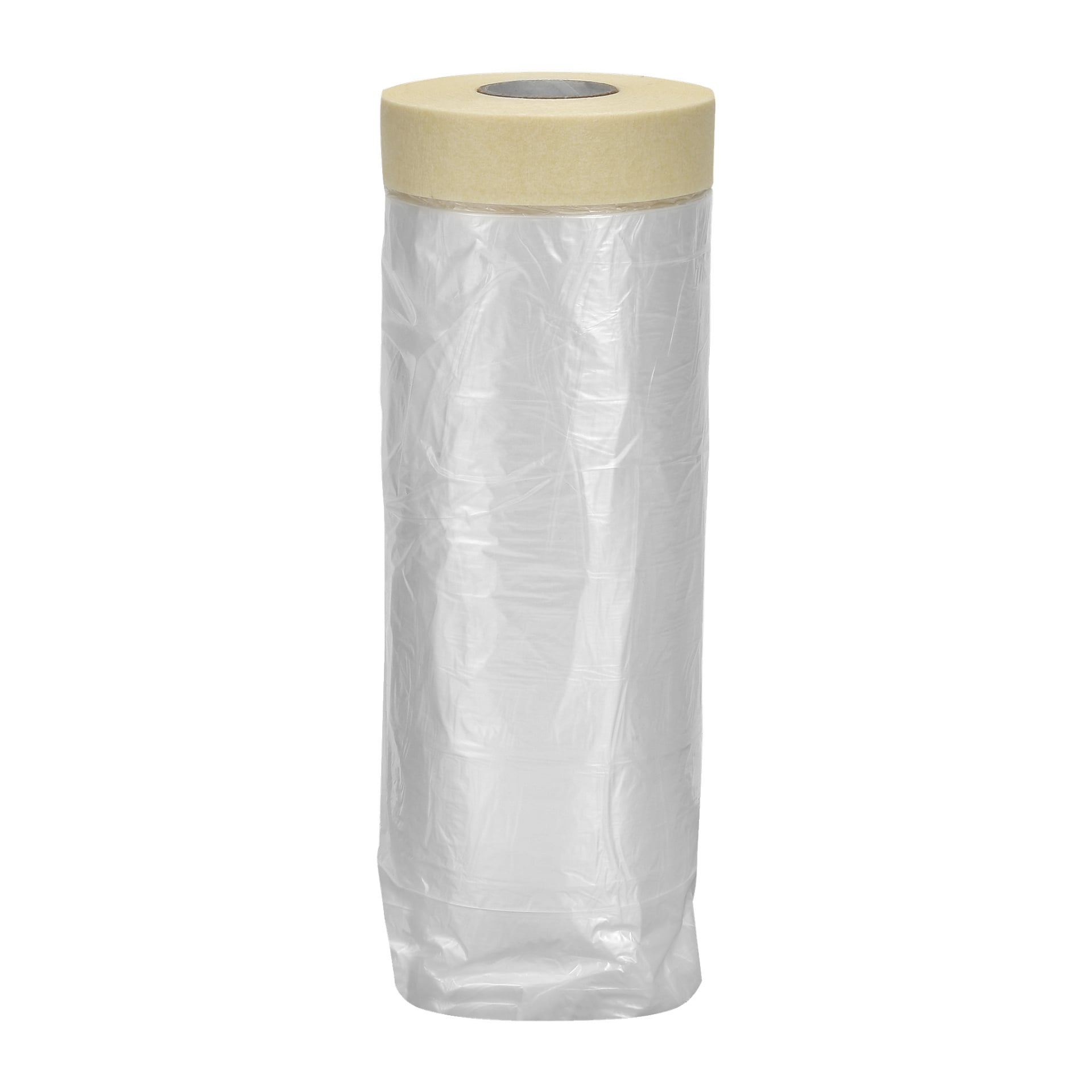 En rulle Hard Head Quick Masking genomskinlig plastfolie står upprätt, med en beige maskeringsremsa fäst längs den övre kanten.