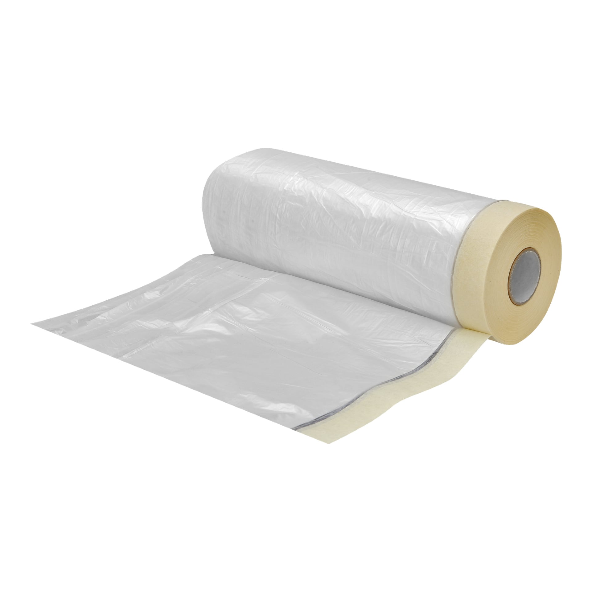 En delvis utrullad rulle av Hard Head Quick Masking visar en vit maskeringsfilm tillsammans med en integrerad beige tejpremsa, designad för att skydda ytor under målning eller byggarbete.