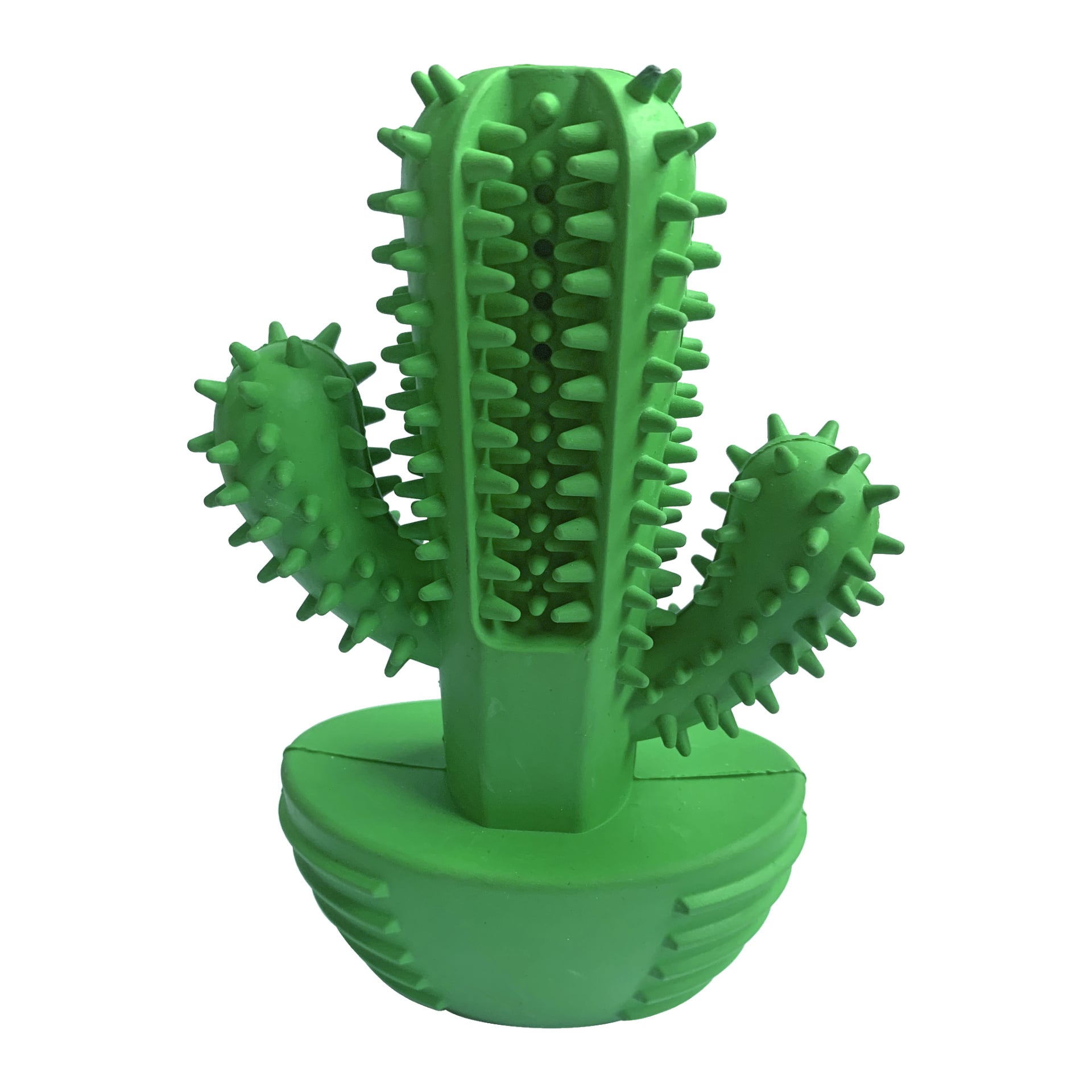 En tuggleksak för hundar från Kayoba, designad för att likna en grön kaktus med tre armar och många rundade knotor, placerad upprätt i en matchande grön bas, tillverkad av robust gummi eller plast.