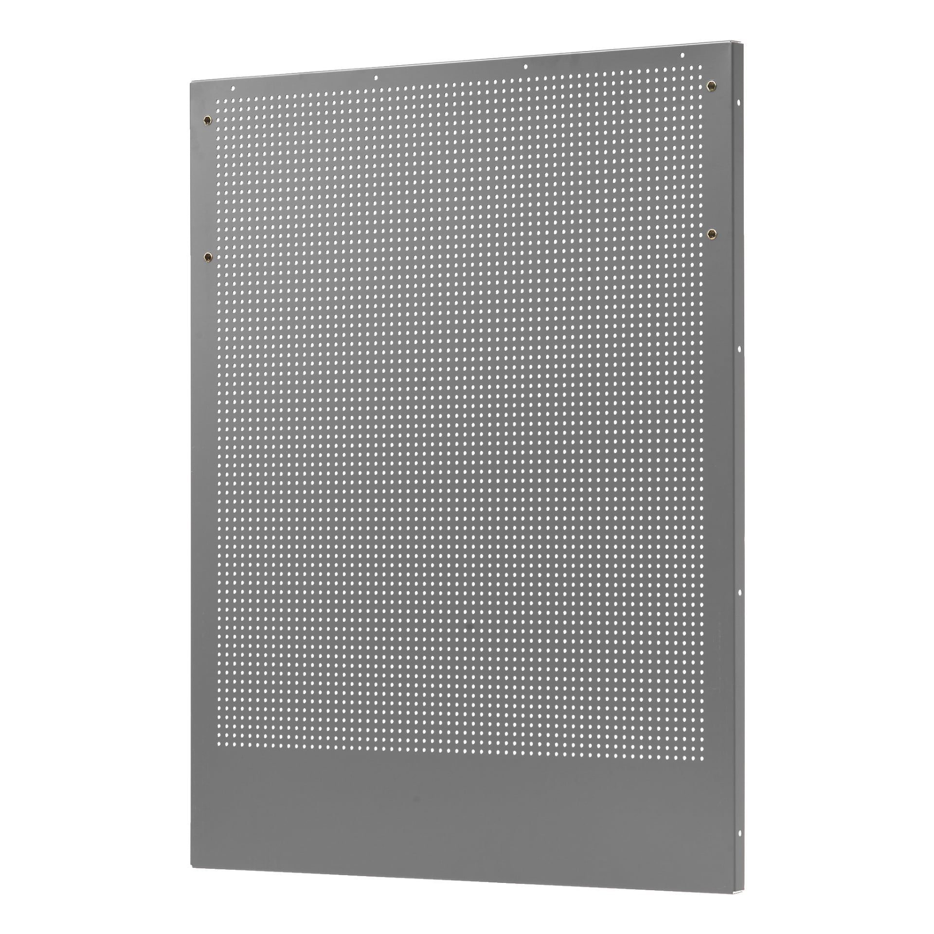 Ett stort, fyrkantigt Hard Head Tool-bräda av metall, med en slät metallgrå finish. Panelen är täckt med många jämnt fördelade små hål i ett rutnät, och det finns fyra större hål placerade nära hörnen för monteringsändamål.