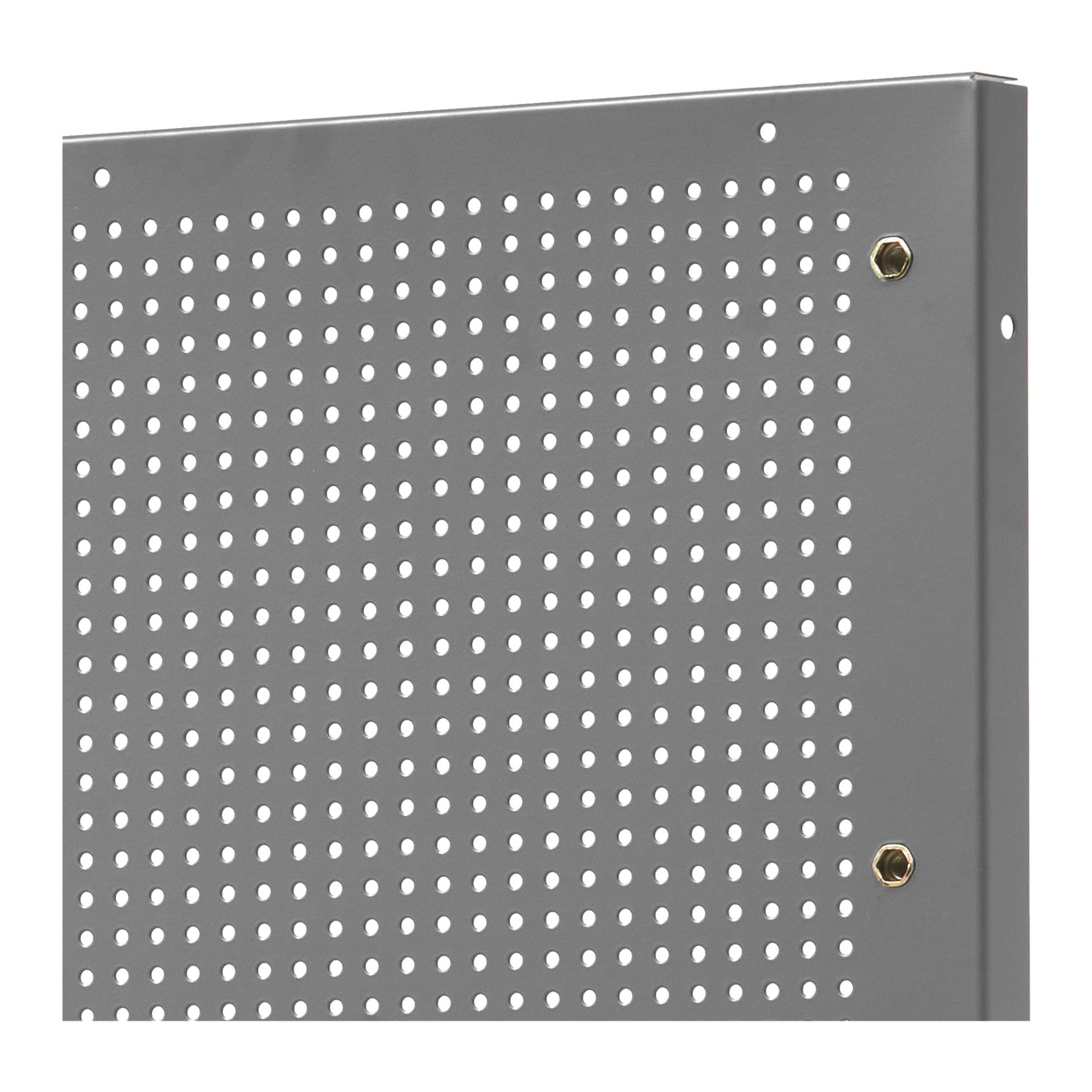 En närbild av Hard Head Tool-kortet visar dess grå metallyta med jämnt fördelade cirkulära perforeringar och tre mässingsmonteringshål längs kanterna. Panelen är vinklad i bilden.