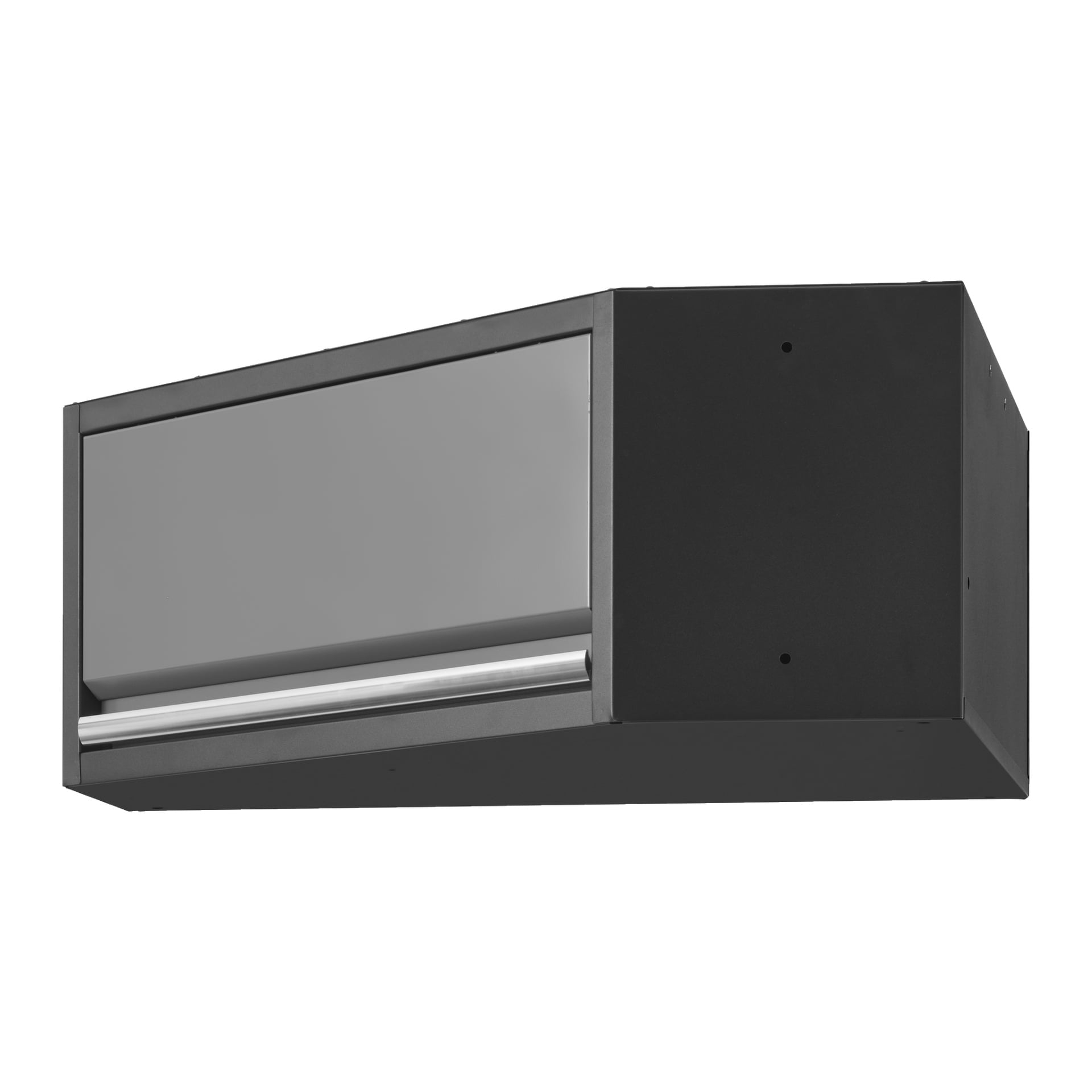 Hard Head väggmonterat hörnskåp med en enda dörr, designad med grå front och svart ram, sedd underifrån. Den nedre delen har en horisontell ventil eller lock.