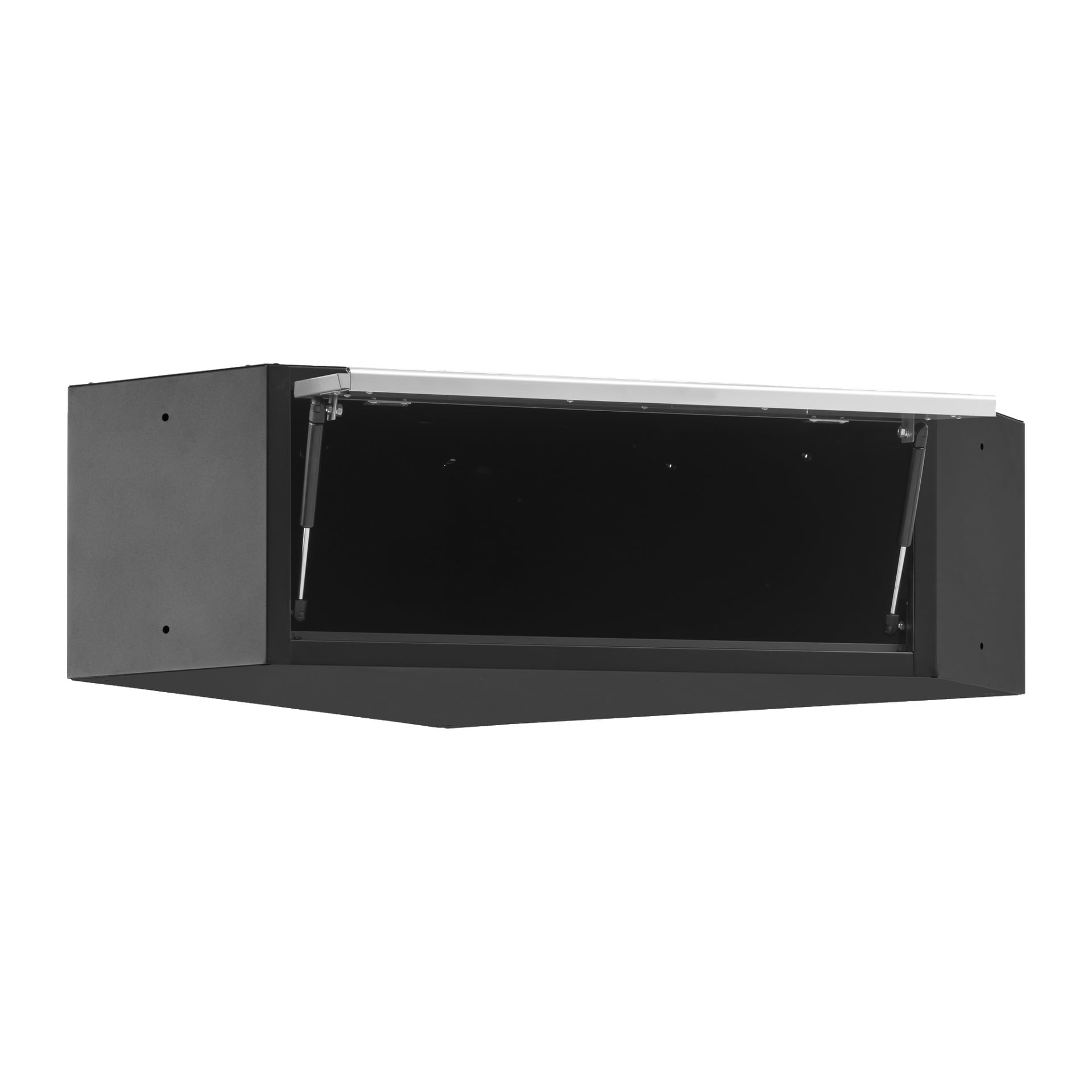 Ett hörnskåp monterat på väggen av Hard Head med en enda dörr, som visar en rektangulär svart metallkaross och en vinklad frontpanel som hålls öppen av hydrauliska armar.