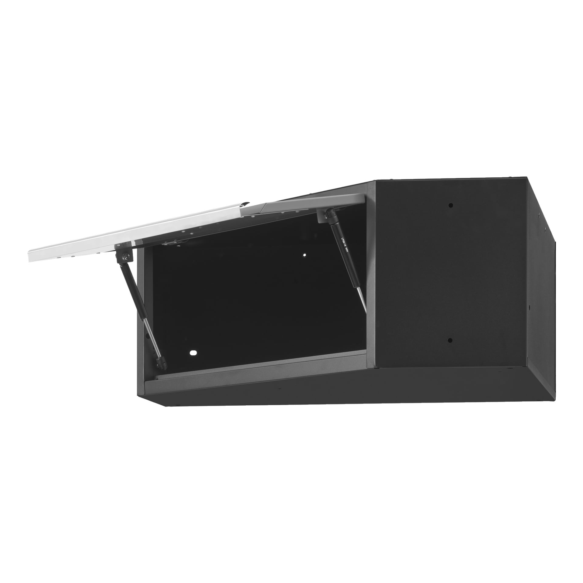 Ett svart metall hörnskåp av Hard Head med en enda dörr är monterat på väggen. Skåpet har en rektangulär design och dess frontpanel öppnas uppåt, hålls på plats av två gasfjädrar som visar ett tomt inre.