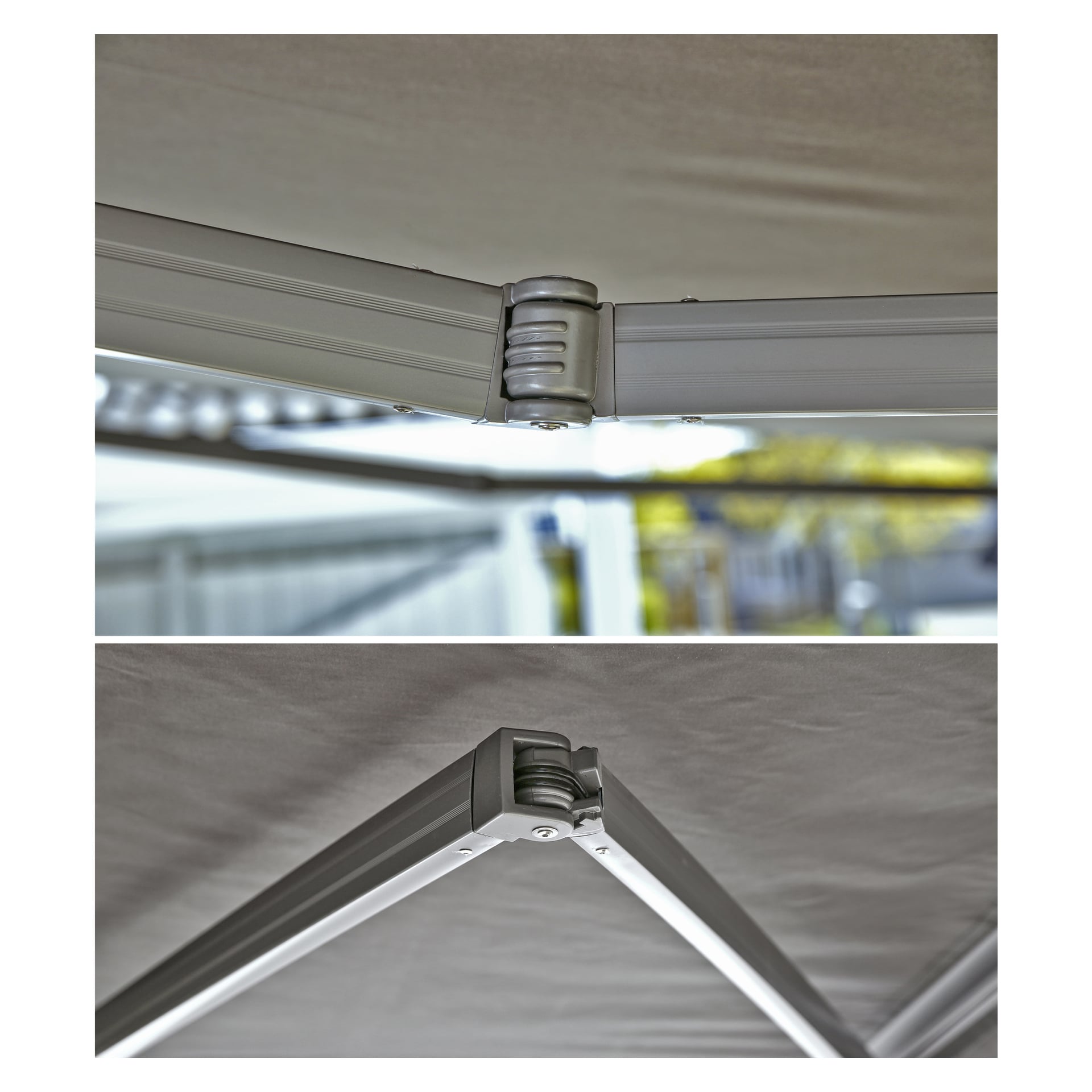 Detaljerade närbilder av en metallgångjärnsfogad som förenas med aluminiumramen på Hard Head Patio-markisen, fångad från två olika vinklar under baldakinduken med bakgrunden mjukt ur fokus.
