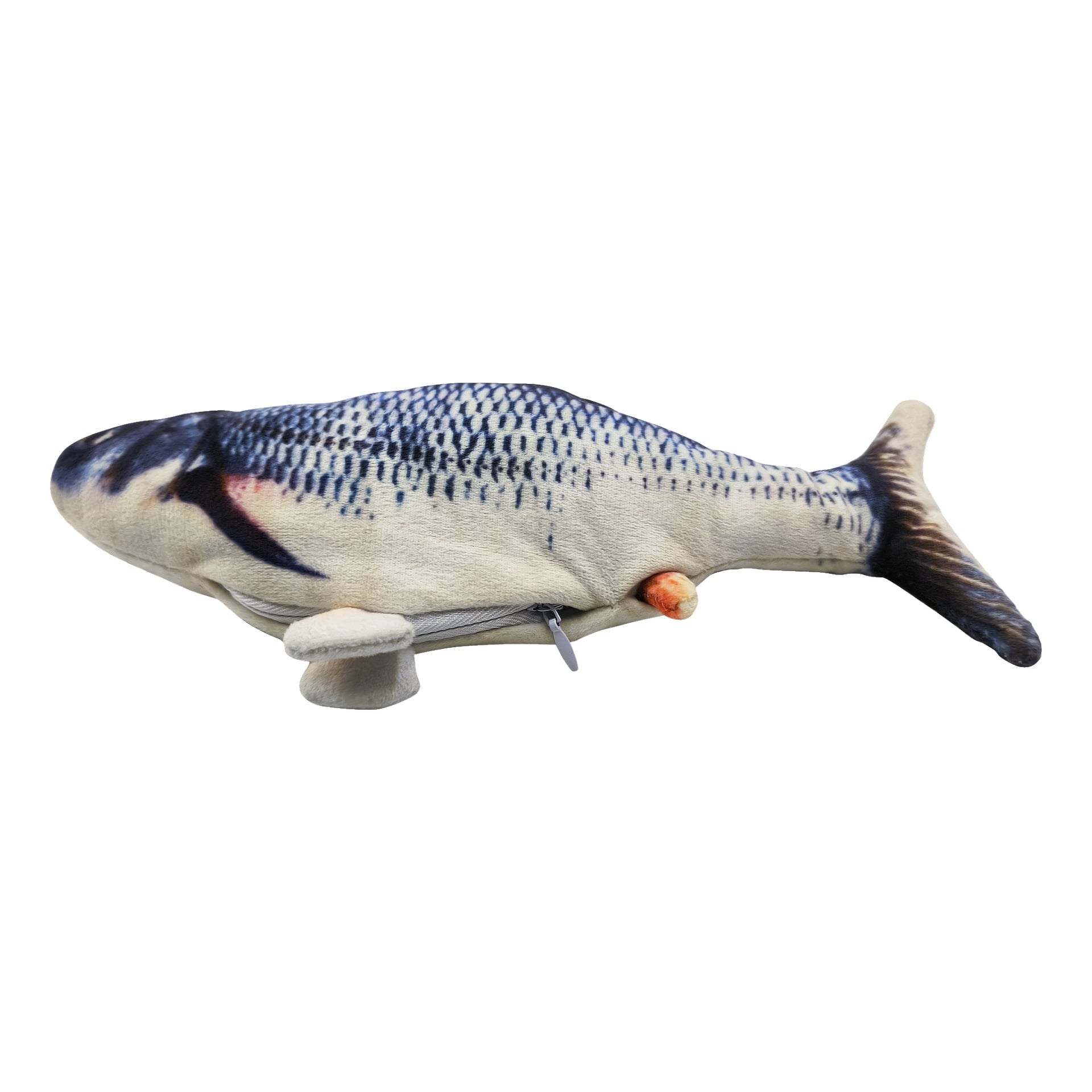 Der Kayoba Floundering Spielzeugfisch für Katzen ist ein plüschiger blau-weiß-schwarzer Fisch mit einer Reißverschlussseite, in der ein kleines orangefarbenes Objekt zu sehen ist.