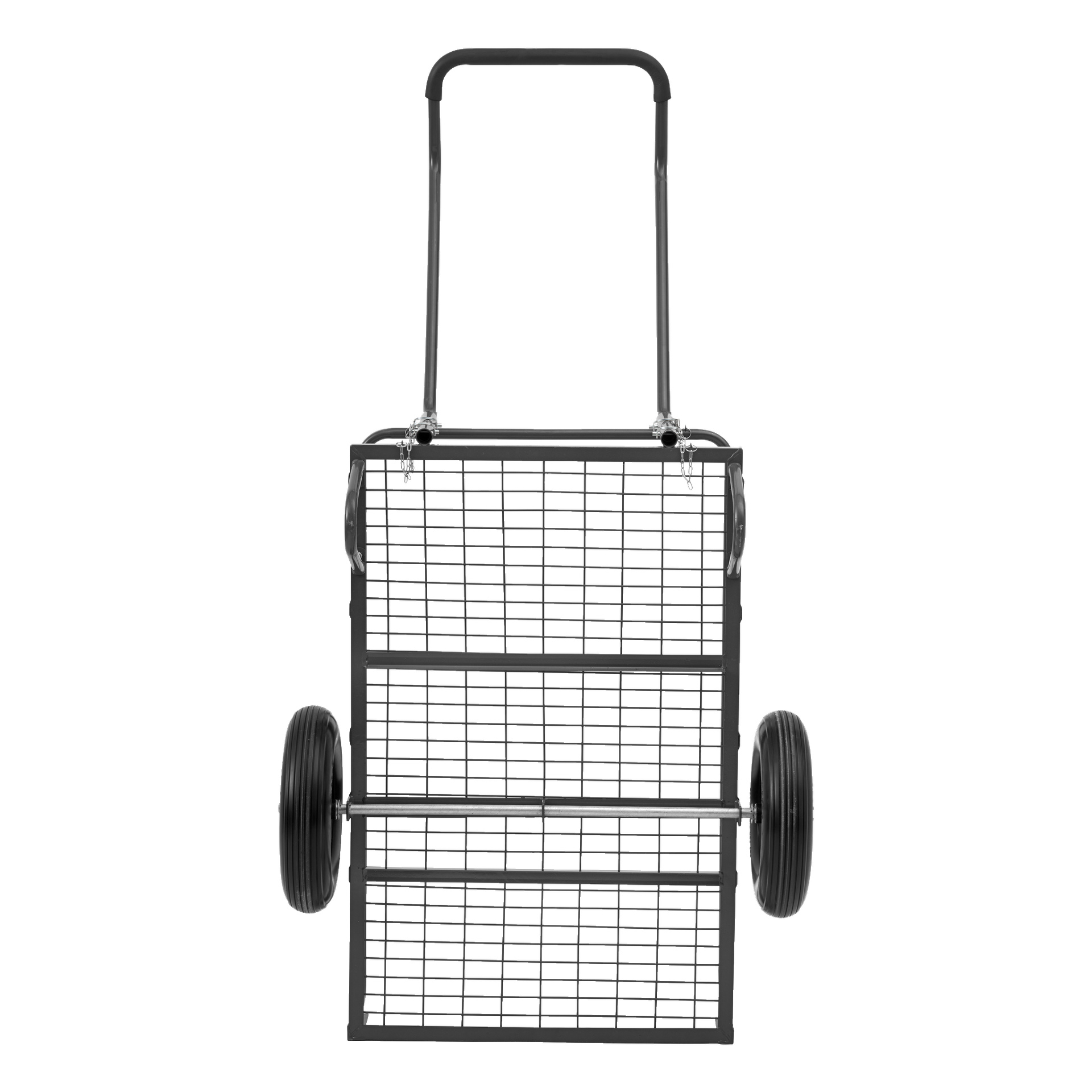 metalowy wózek Hard Head Transport z koszem w formie siatki, dwoma dużymi bocznymi kołami i wysokim uchwytem ułatwiającym manewrowe poruszanie się. Wózek jest pusty.