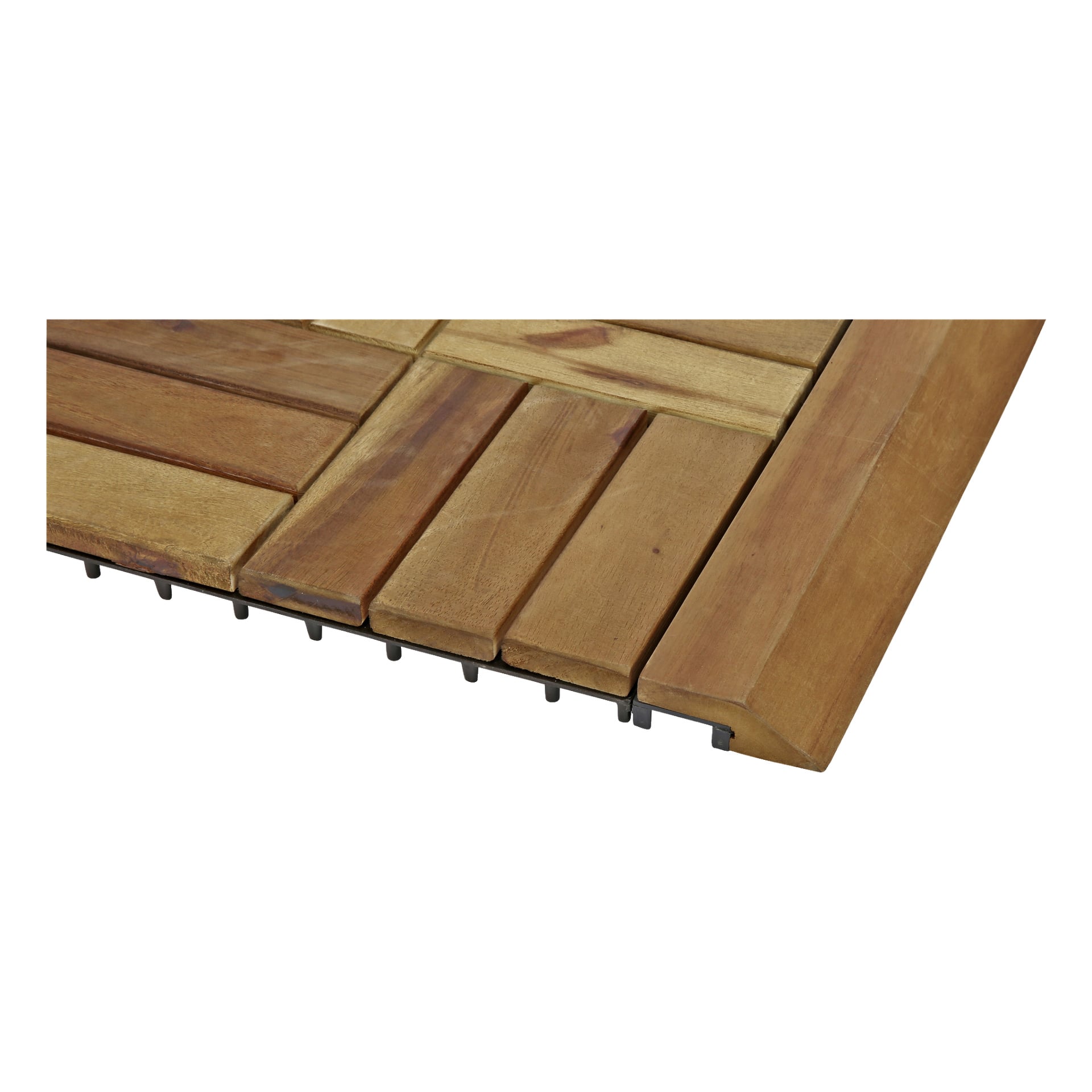 Detaljerad vy av Hard Head "Edge for floor tiles 4 pieces" som kopplas till träplattor på däcket. Den naturliga träådringen syns på ytan, med en svart plastbas under. Kantlisterna justeras perfekt, vilket ger ett jämnt, polerat golv.