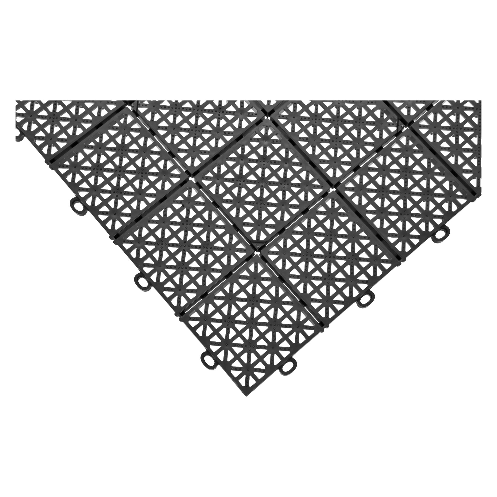 Tre rader med fyra svarta Hard Head Floor-plattor från ett 11-pack set, arrangerade i ett rutnät och sedda uppifrån. Varje sammanlänkande plastplatta visar ett geometriskt gittermönster och har cirkulära flikar på två kanter för enkel fästning.