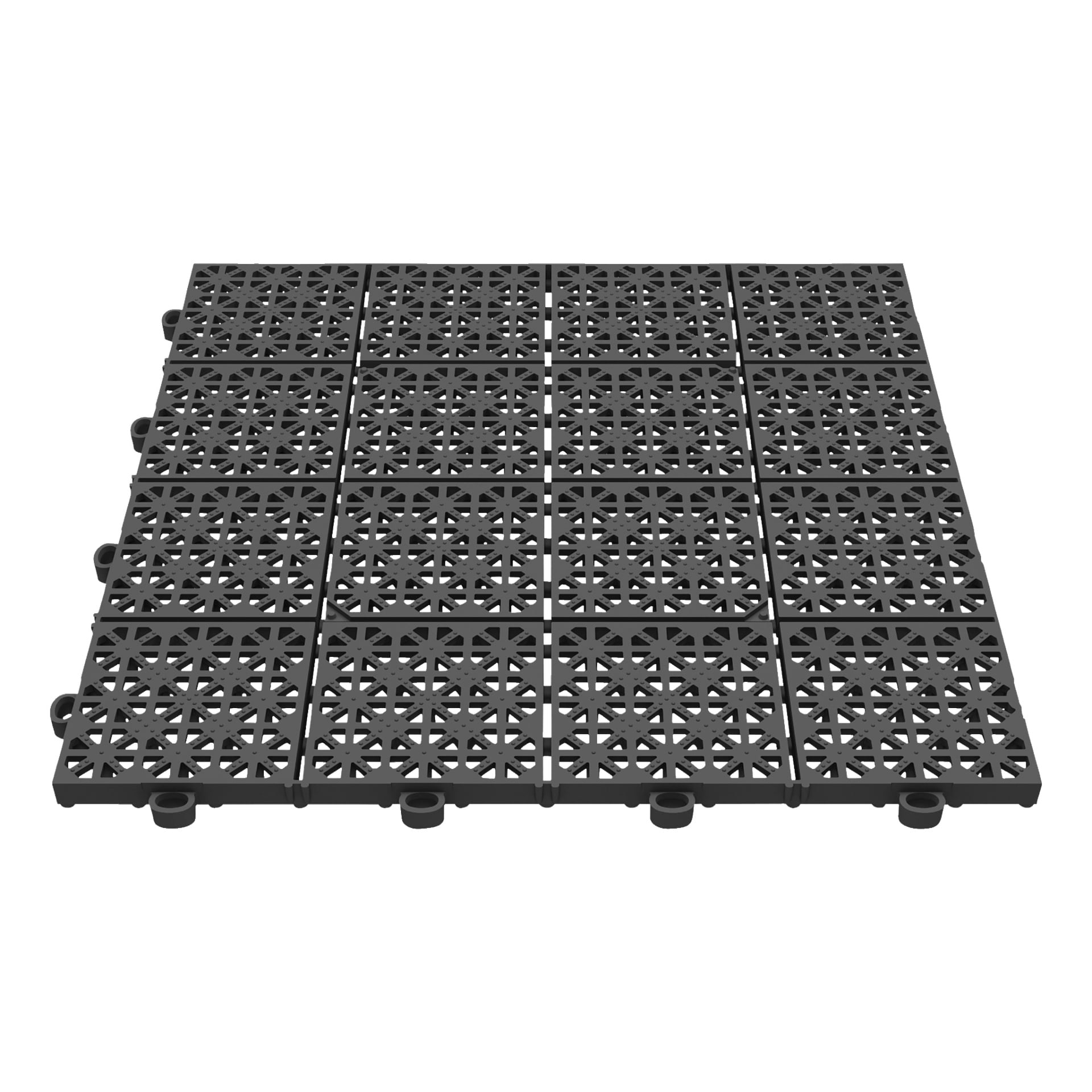 Hard Head Floor-plattor 11-pack visades i ett 4x4-rutnät, bestående av svarta sammanlänkade delar med ett blomliknande geometriskt utskuret mönster. Ytan är upphöjd och texturerad, och sidorna har öglor och tappar designade för snabb fäste.