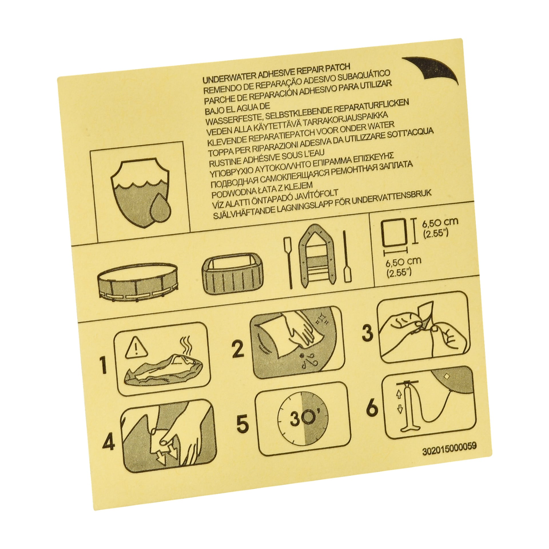 Gult instruktionsblad för ett 10-pack Bestway Repair-märken, med illustrationer av en pool, bubbelpool och båt. Fyra illustrerade steg visar rengöring av området, applicera lappen, vänta 30 minuter och testa reparationen.