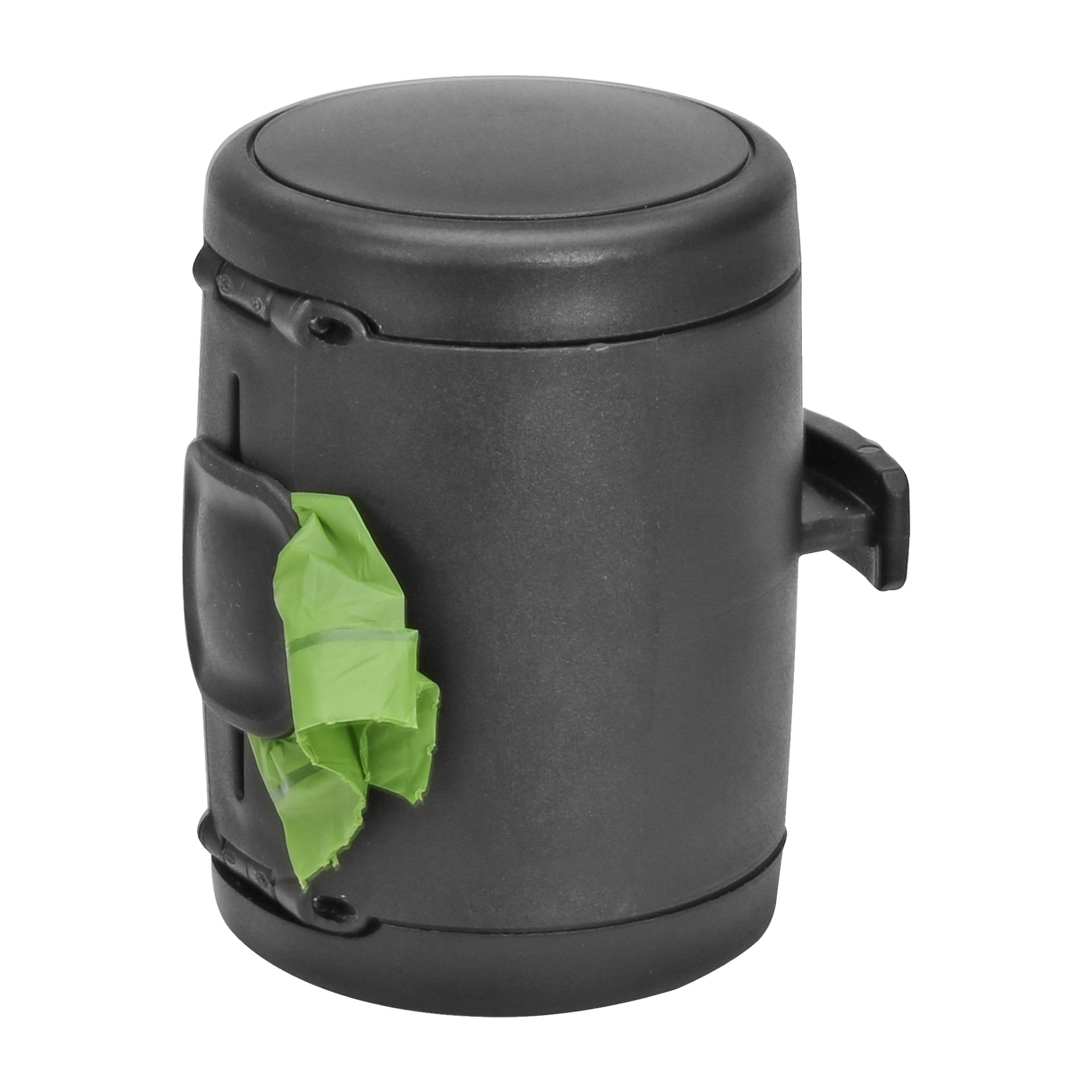 En svart Flexi Multi-box av plast, utrustad med ett sidohandtag, designad för att förvara och mata ut gröna plastpåsar från en fack.