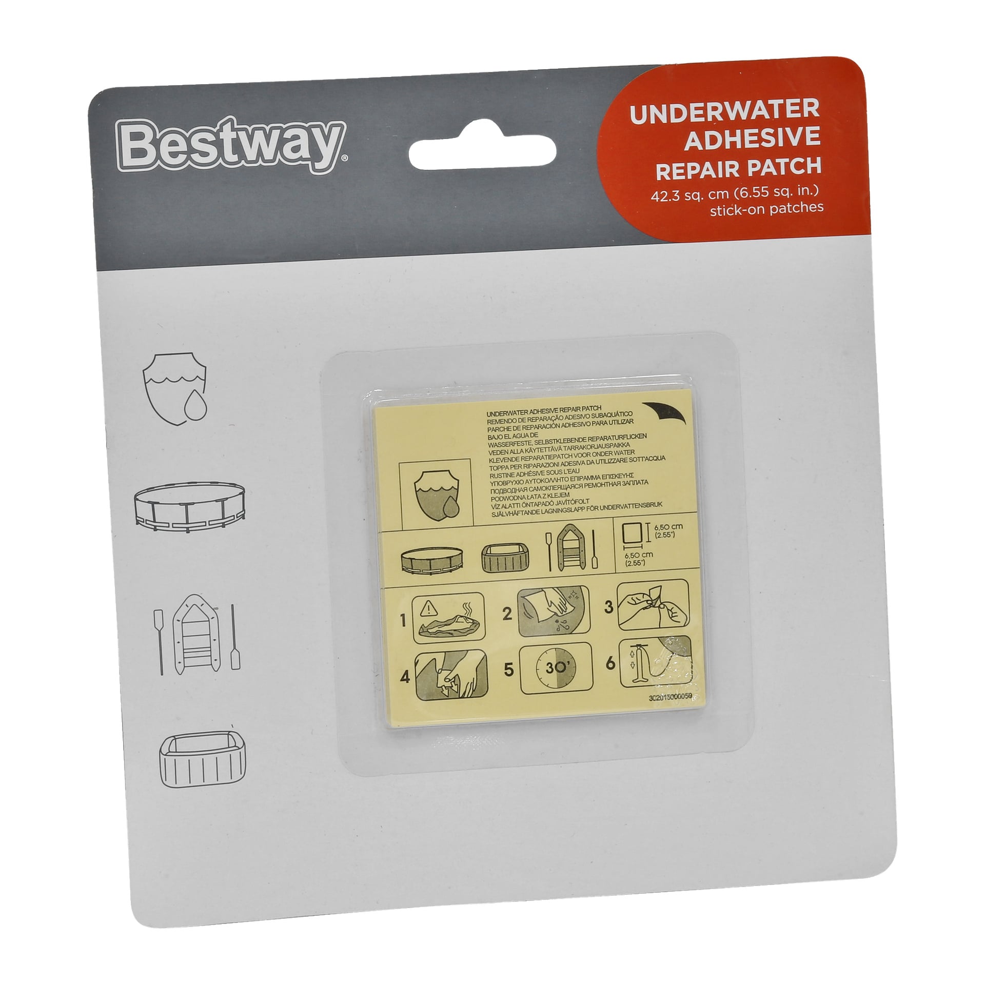 Bestway Repair Patches för Pools 10-pack, med förpackning som visar instruktioner och illustrationer som visar applicering på pooler och andra uppblåsbara saker; Fläckarna visas genom ett genomskinligt plastfönster i vitt och röd kartong.