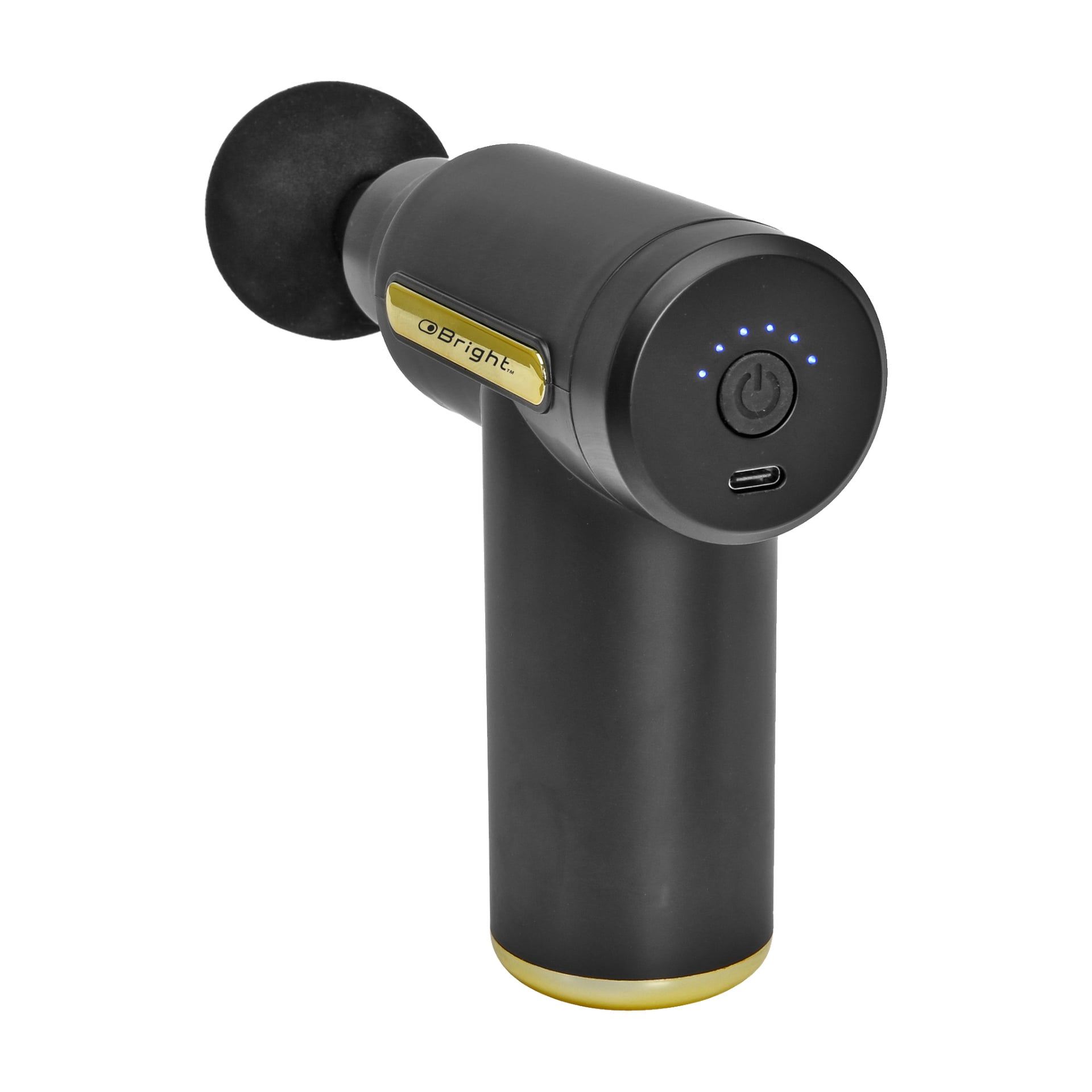 Kompakti musta Bright Massage Gun Mini kultaisilla yksityiskohdilla, jossa on pyöreä hierontapää, virtapainike, LED-merkkivalot ja USB-C-latausportti.