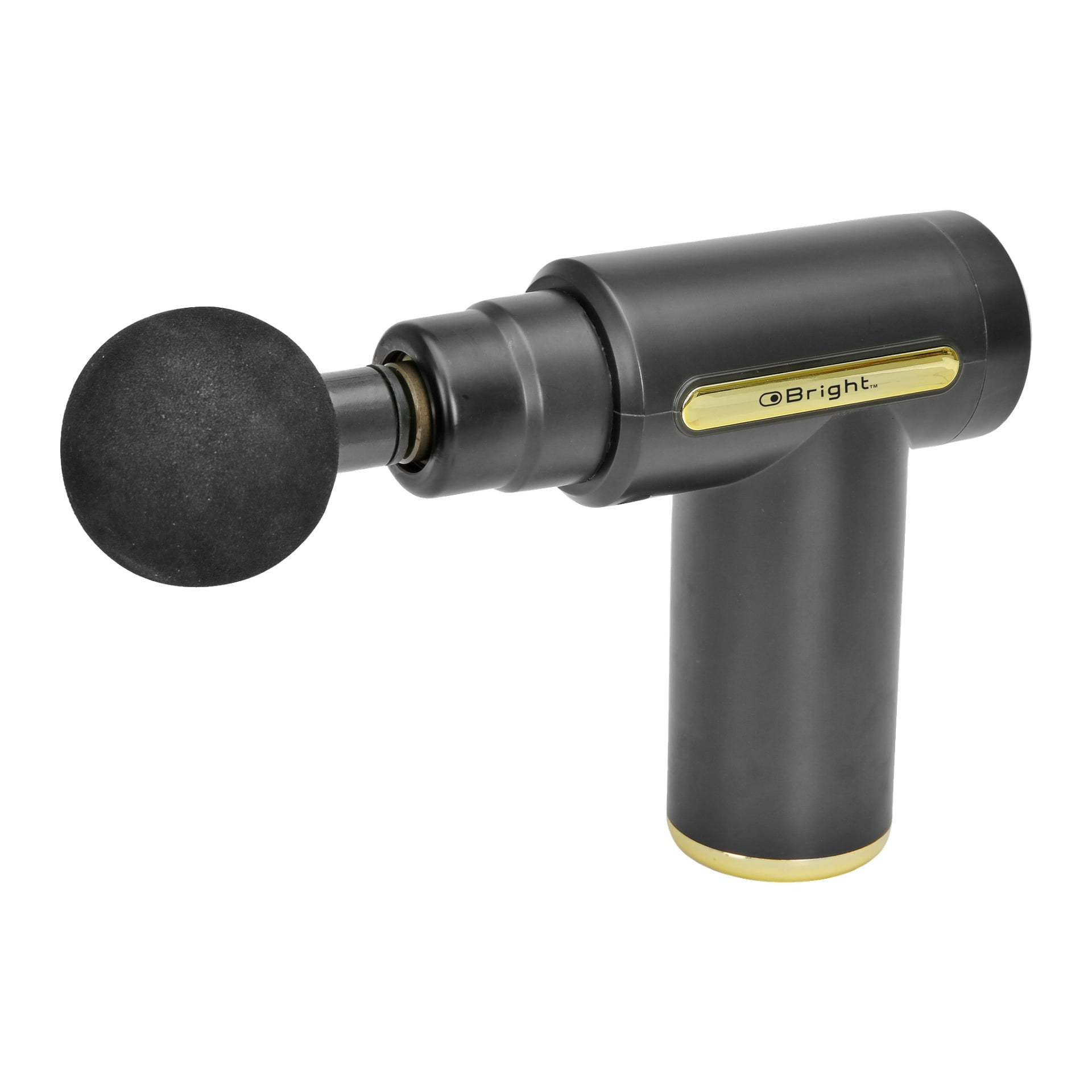 Musta-kultainen Bright Massage gun Mini, jossa on pyöreä vaahtomuovikiinnitys ja Bright-logo sivulla.