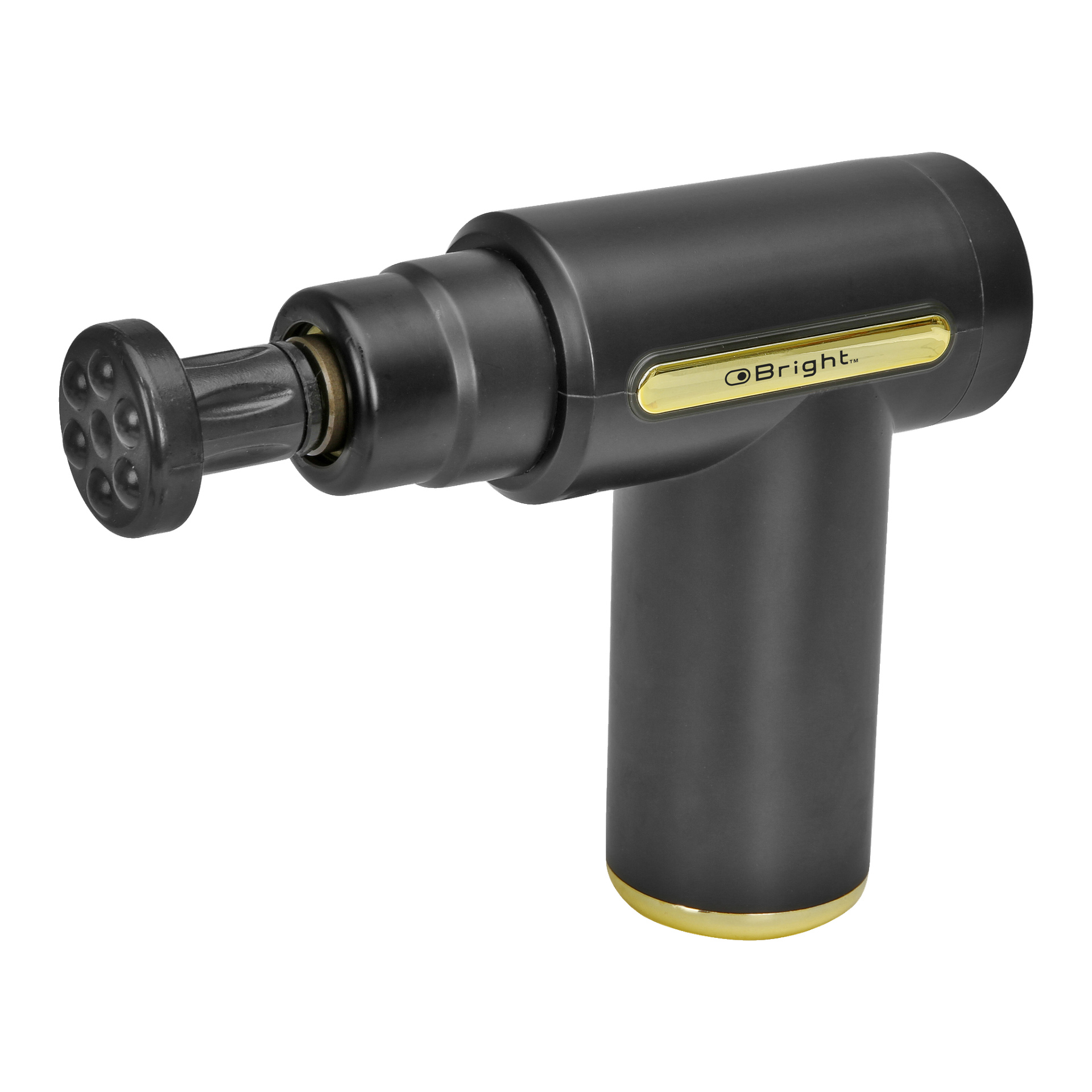 Kompakti musta ja kultainen Bright Massage Gun Mini, jossa on sylinterimäinen kahva ja litteä, pyöreä hierontapää.