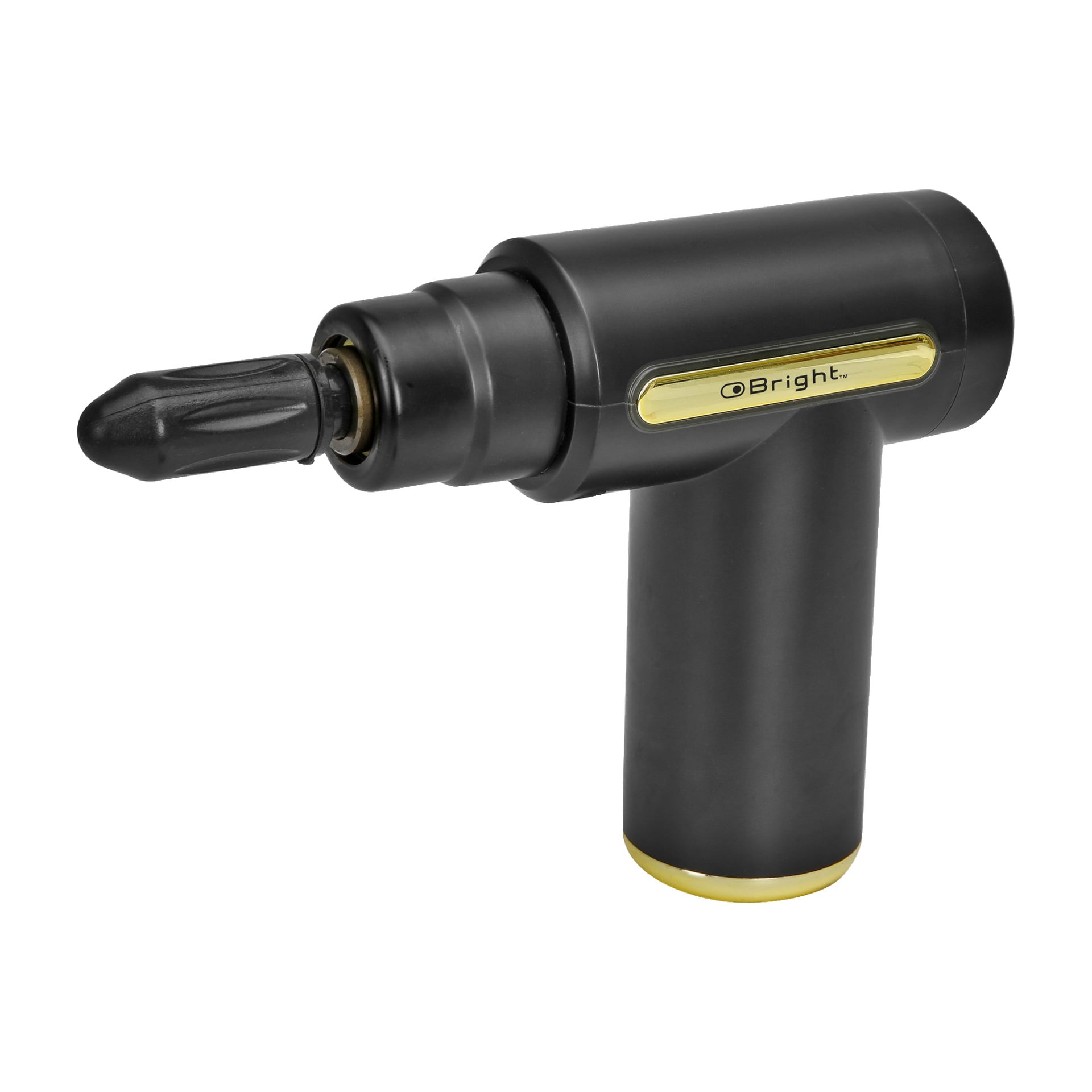 Musta-kultainen Bright Massage gun Mini -auto, jossa on kaareva kahva ja pehmustettu, teksturoitu kiinnike kärjessä, ja jossa merkin logo näkyy sivussa.