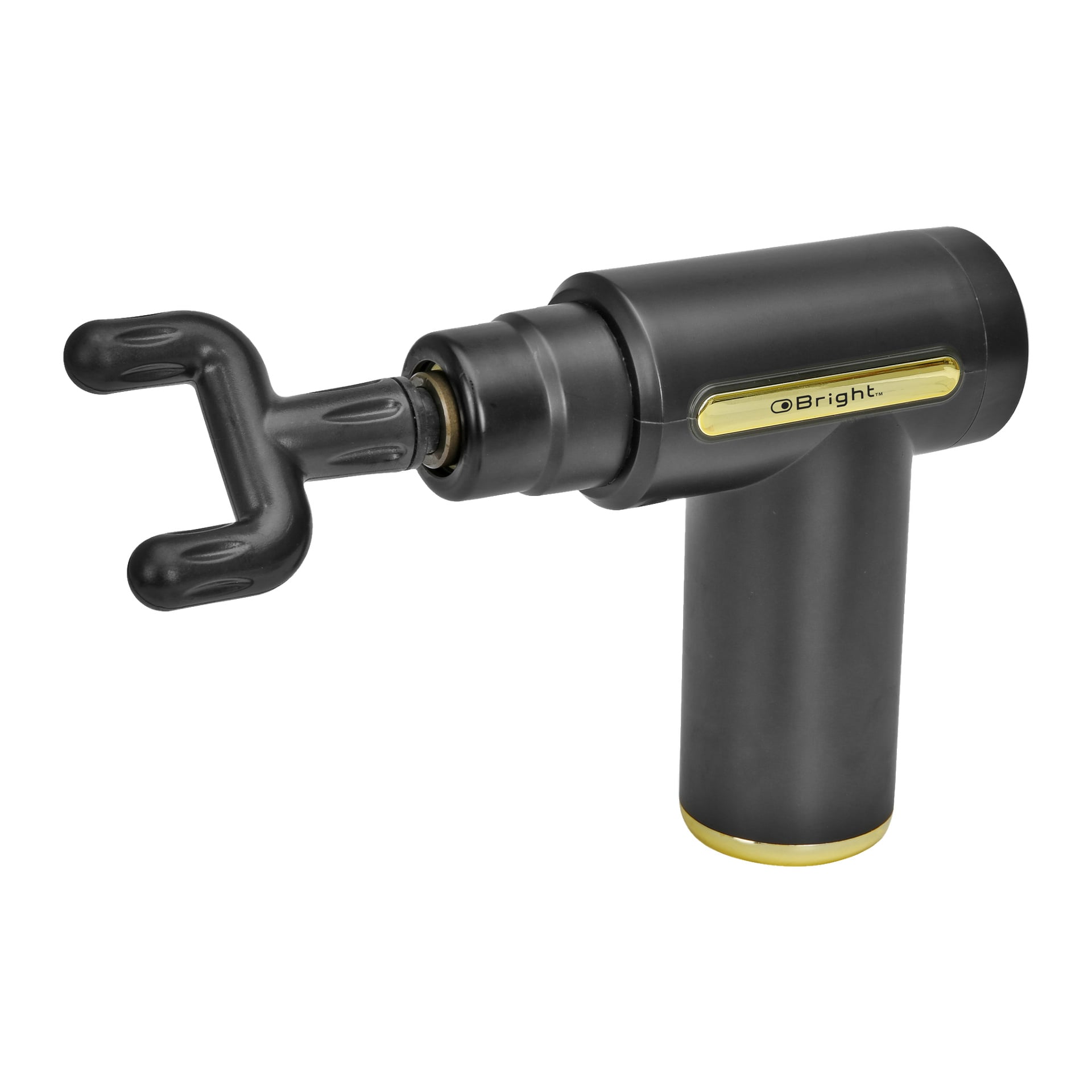 Musta Bright Massage gun Mini, jossa on kultainen yksityiskohta ja haarukan muotoinen lisäosa, jossa merkin nimi näkyi kyljessään.
