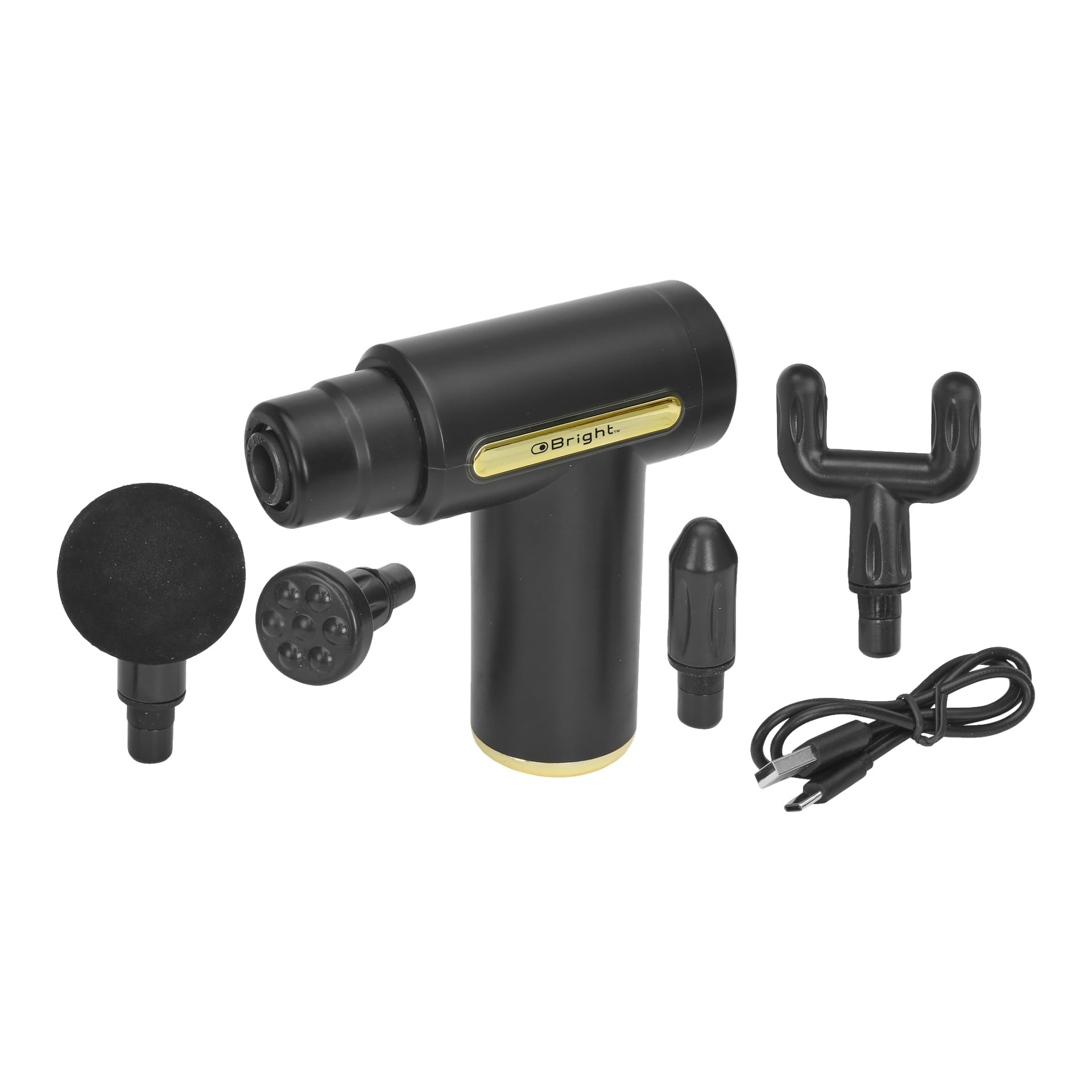 Musta Bright Massage gun Mini kultaisilla yksityiskohdilla on esillä neljän vaihdettavan pään ja USB-latauskaapelin rinnalla. Laitteen sivulla on sana "Bright".