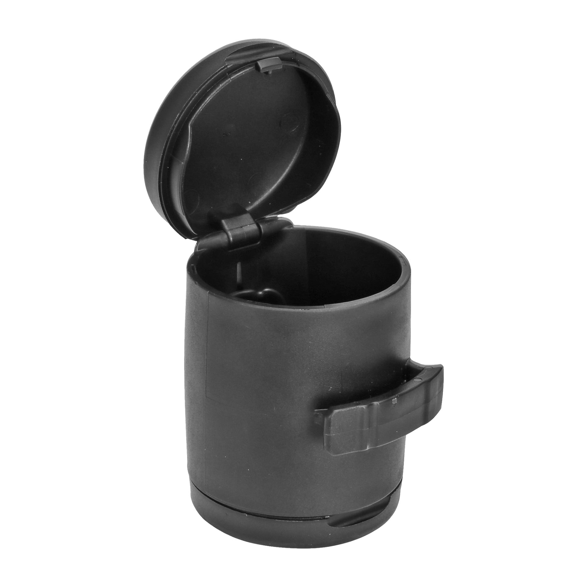 En matt svart plast Flexi Multi-box designad för flexilead, visad med sitt gångjärnsförsedda lock öppet och ett sidohandtag. Insidan av behållaren är tom.