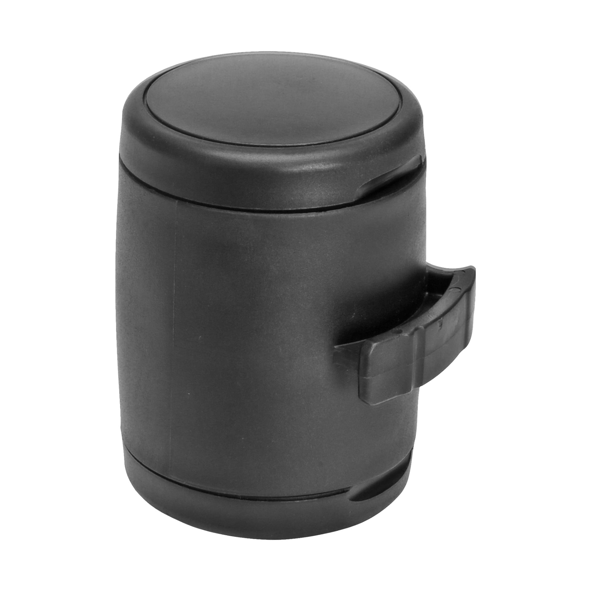 En svart cylindrisk plastlåda från Flexi, designad för flexileadförvaring, har ett sidohandtag och ett säkert lock. Behållaren visar upp ett enkelt och funktionellt utseende.