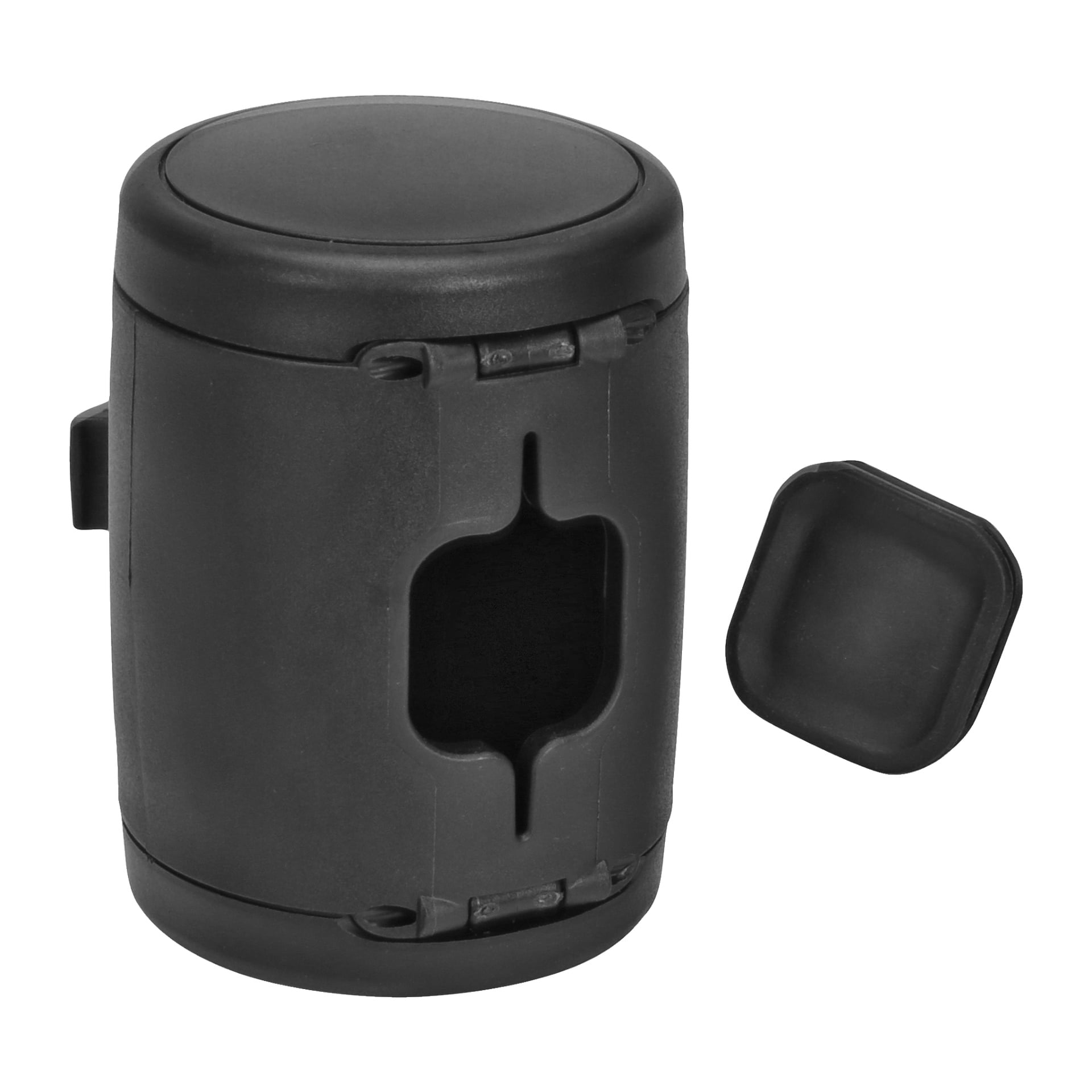 En Flexi Multi-box designad för flexilead, med en slank svart cylindrisk form med avtagbart lock och sidoöppning. Locket sitter bredvid behållaren och visar tydligt två låsliknande element på framsidan.