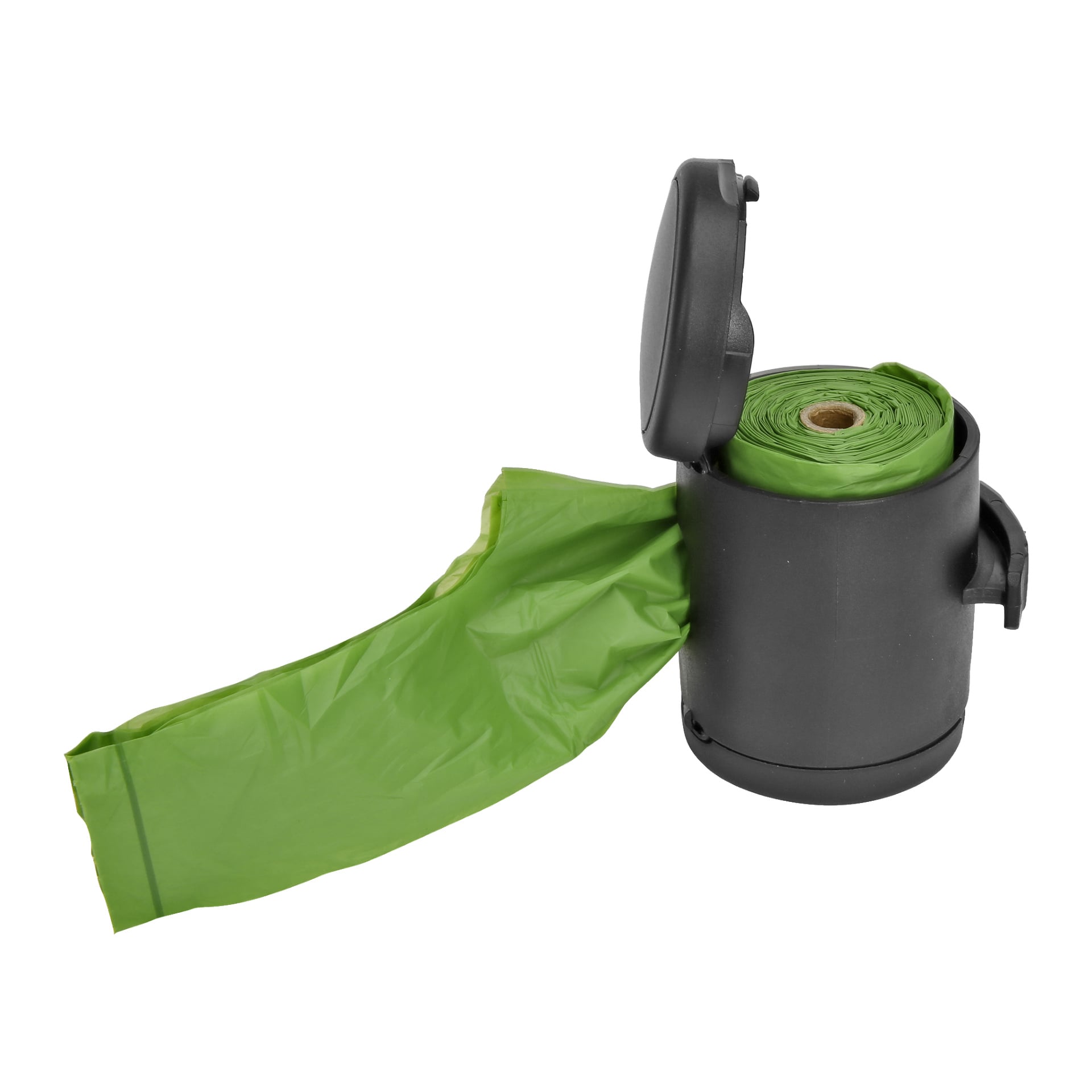 En svart plastdispenser från Flexi Multi-box med öppet lock rymmer en rulle gröna avfallspåsar, varav en delvis drapas ut och hänger över kanten.