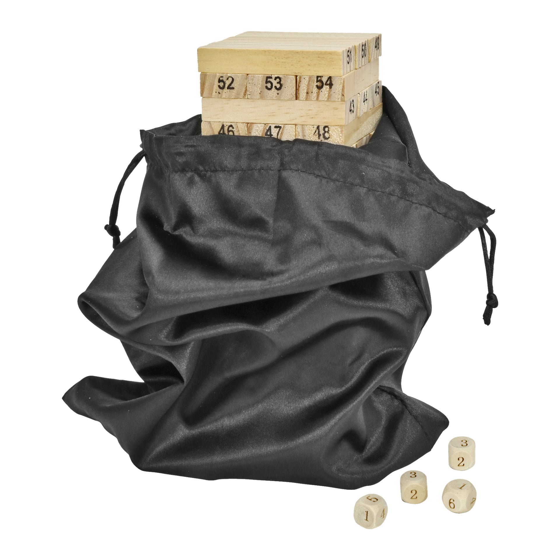 Kayoba Tower Game 54-pakken vises, med stablede trefliser, en svart snorpose og fire små treterninger merket 1 til 6 plassert utenfor posen.