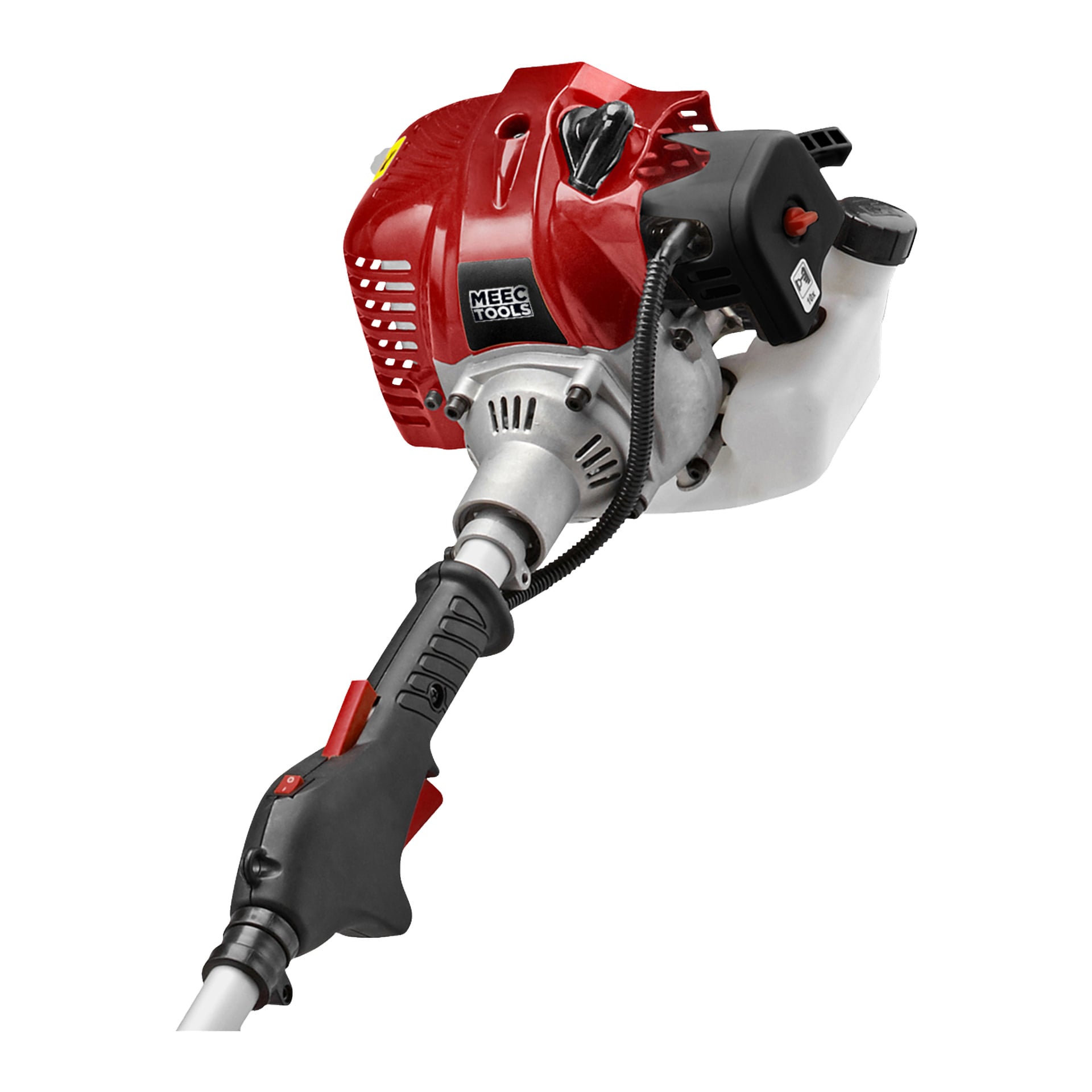 Szczegółowe zbliżenie czerwono-czarnego benzynowego multitrymera Meec Tools 4-w-1, podkreślające uchwyt, kontrolę gazu, mechanizm rozruchu i zbiornik paliwa.