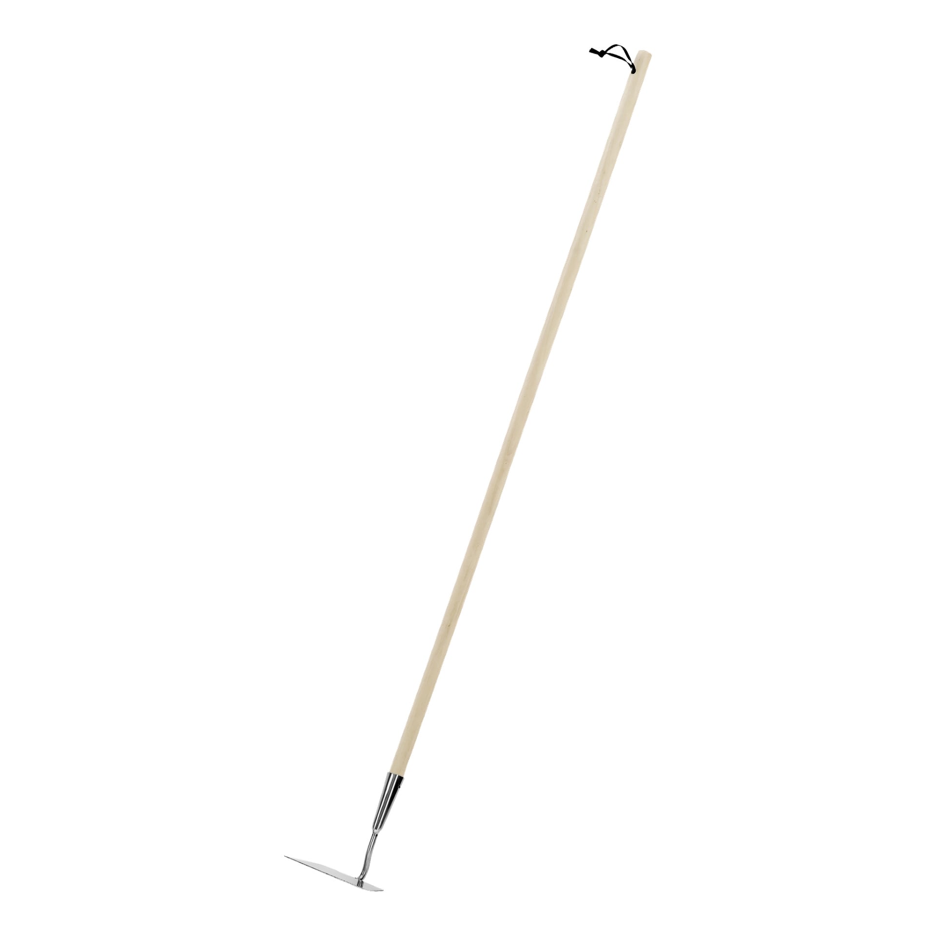 Hard Head Garden-hackan har ett trähandtag, ett slitstarkt metallblad i ena änden och en svart ögla på handtaget för smidig upphängning. Grävmaskinen är placerad diagonalt.