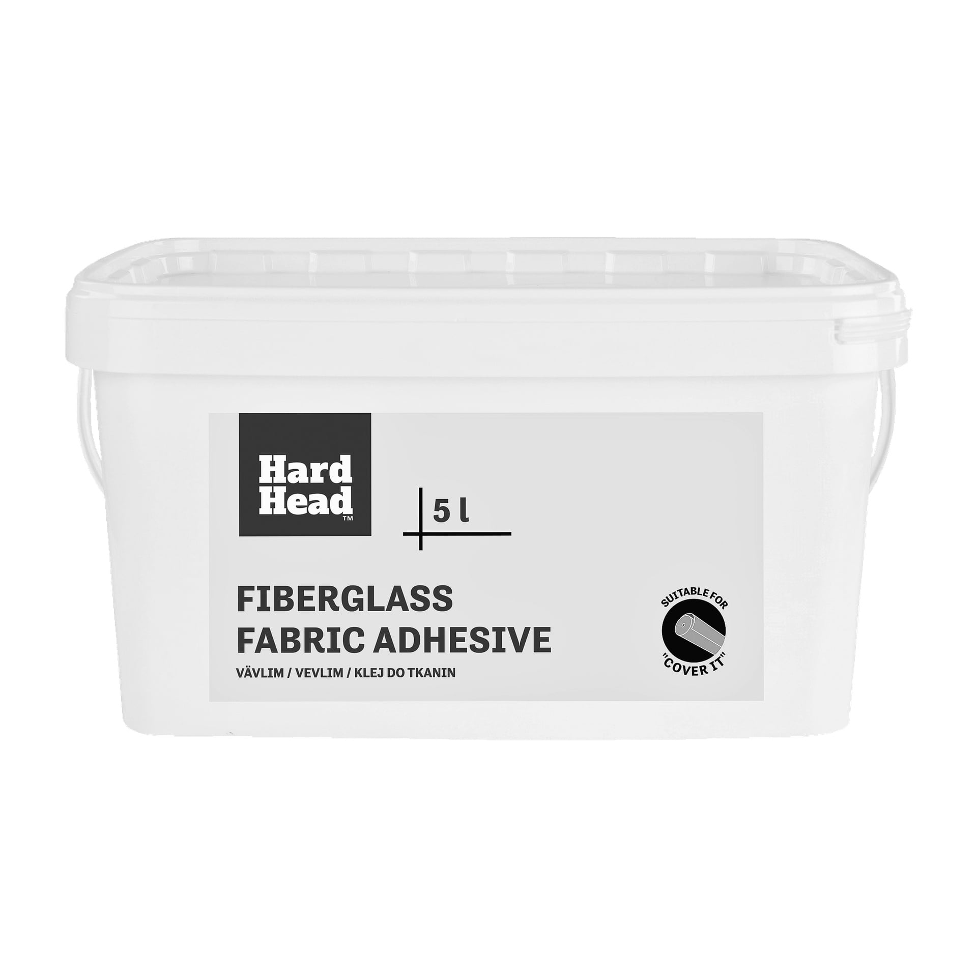 En vit plastbehållare märkt Hard Head Fabric Adhesive, 5L, med olika texter och en cirkulär ikon som lyder "Lämplig för att täcka den".